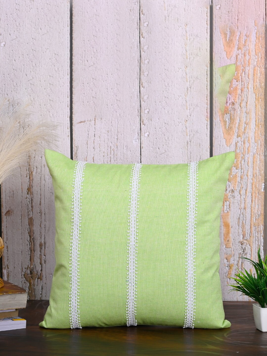 

OUSSUM Green & White 2-Pieces Striped Cotton Square Cushion Covers
