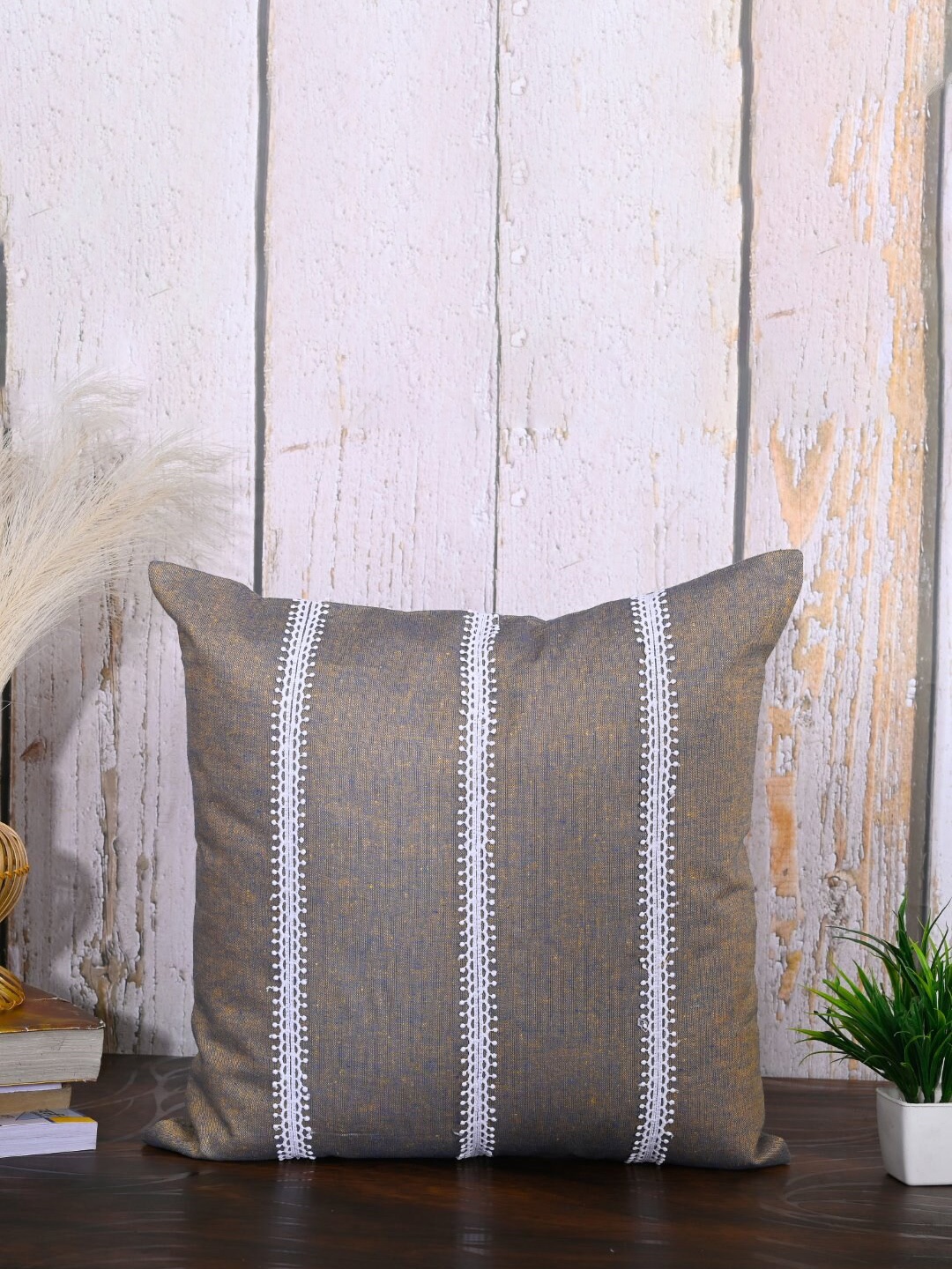 

OUSSUM Brown & White 2-Pieces Striped Cotton Square Cushion Covers