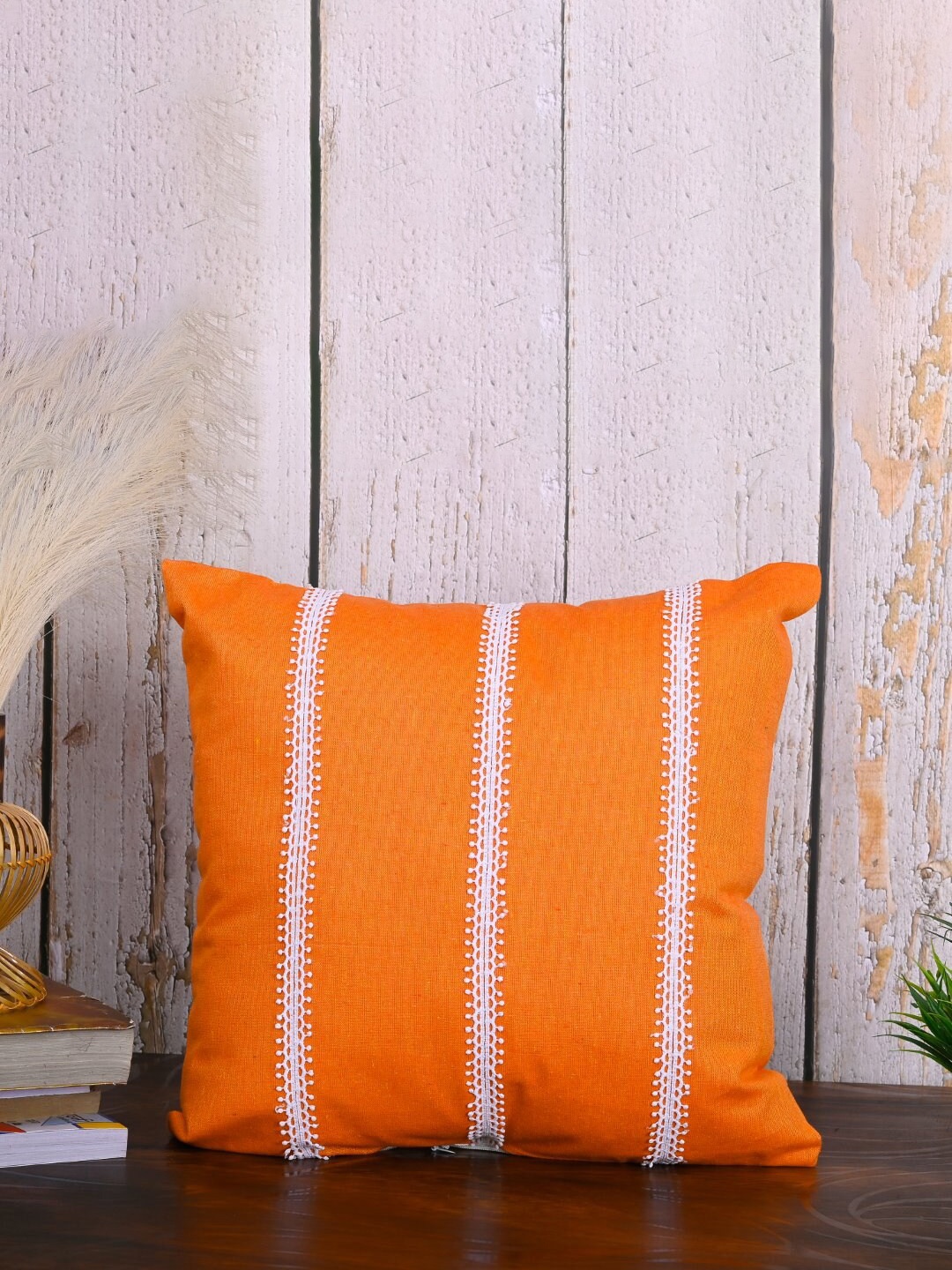 

OUSSUM Orange & White 2-Pieces Striped Cotton Square Cushion Covers