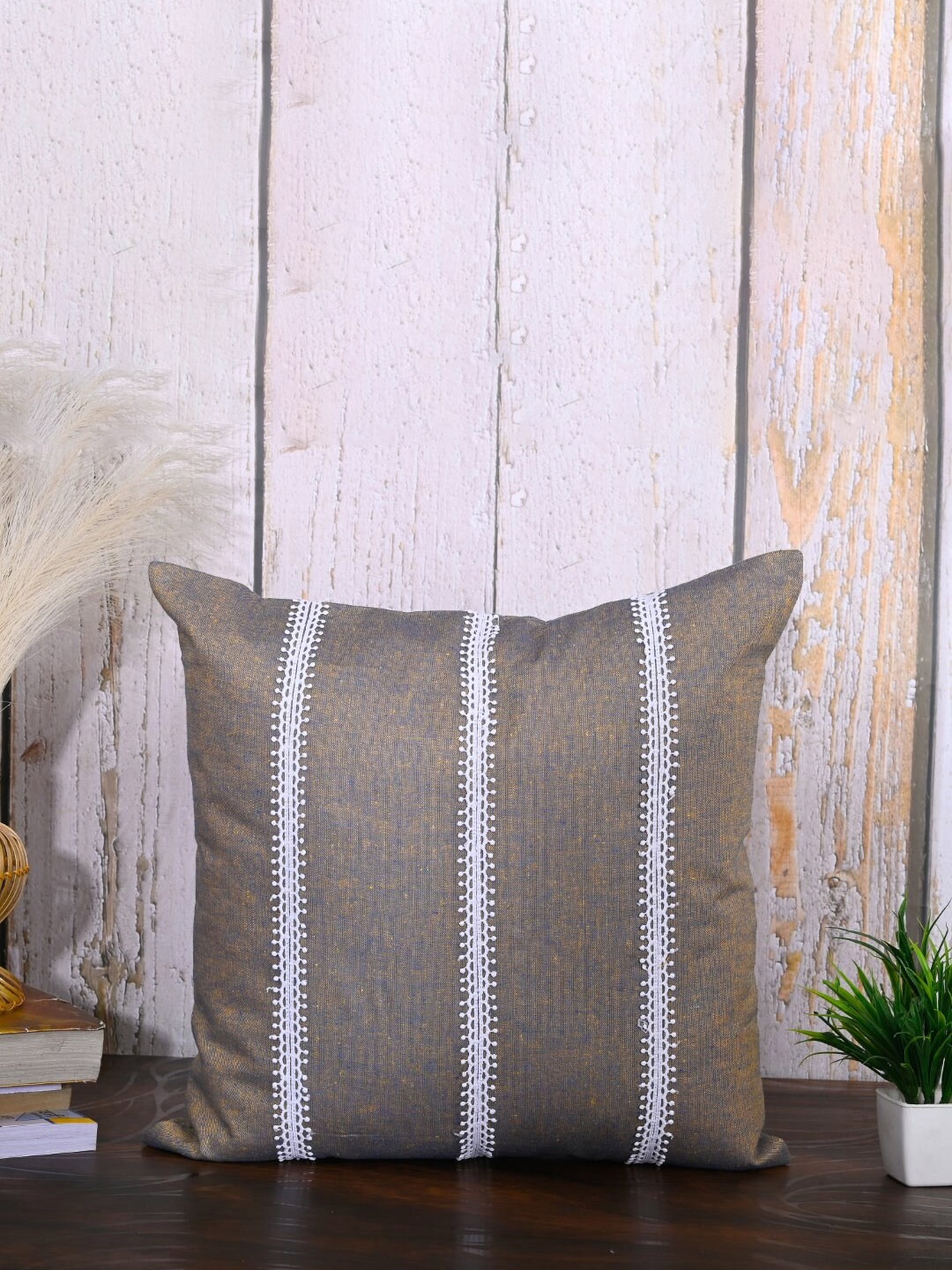 

OUSSUM Brown & White 2-Pieces Striped Cotton Square Cushion Covers