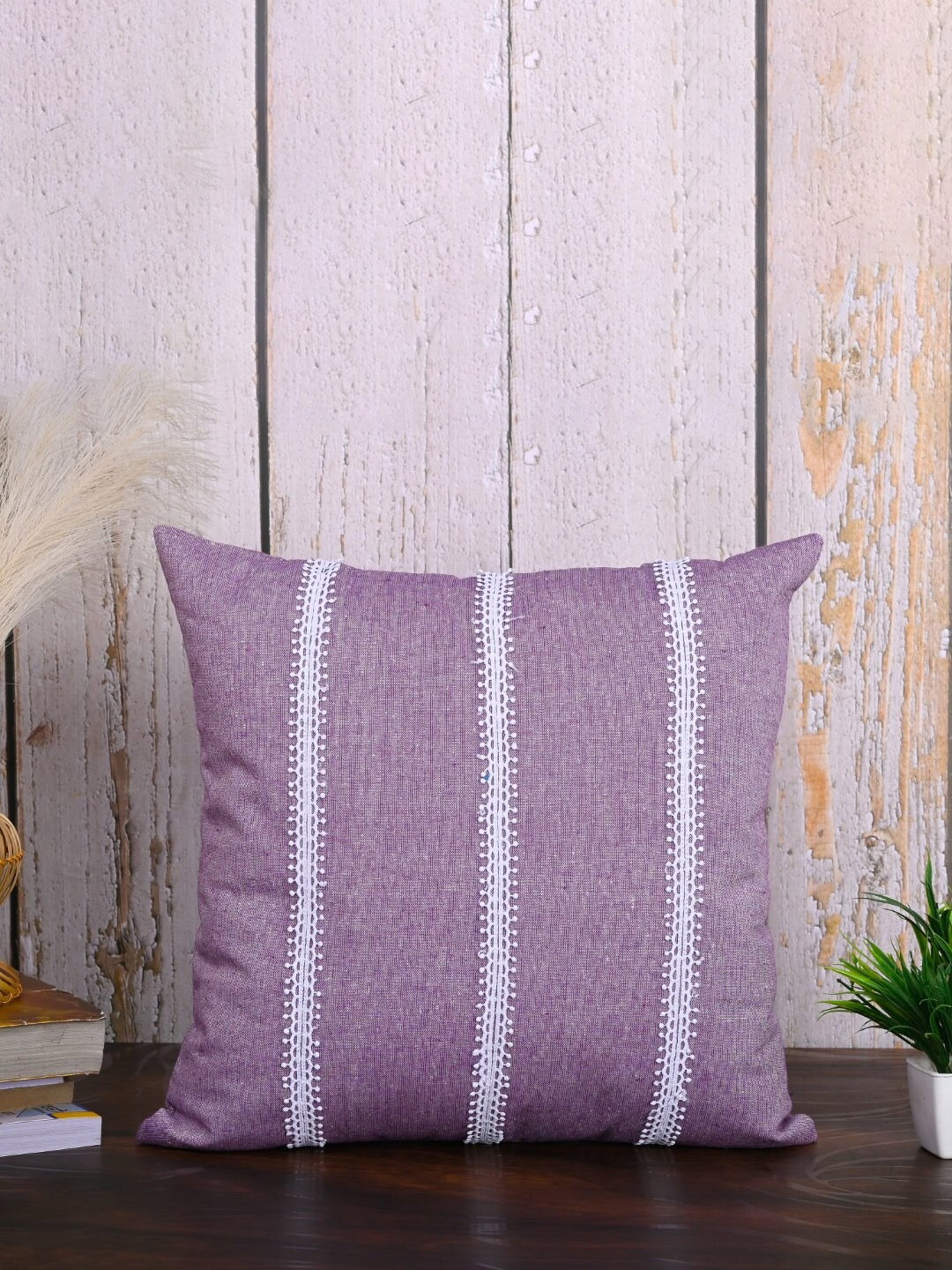 

OUSSUM Purple & White 2-Pieces Striped Cotton Square Cushion Covers, Pink