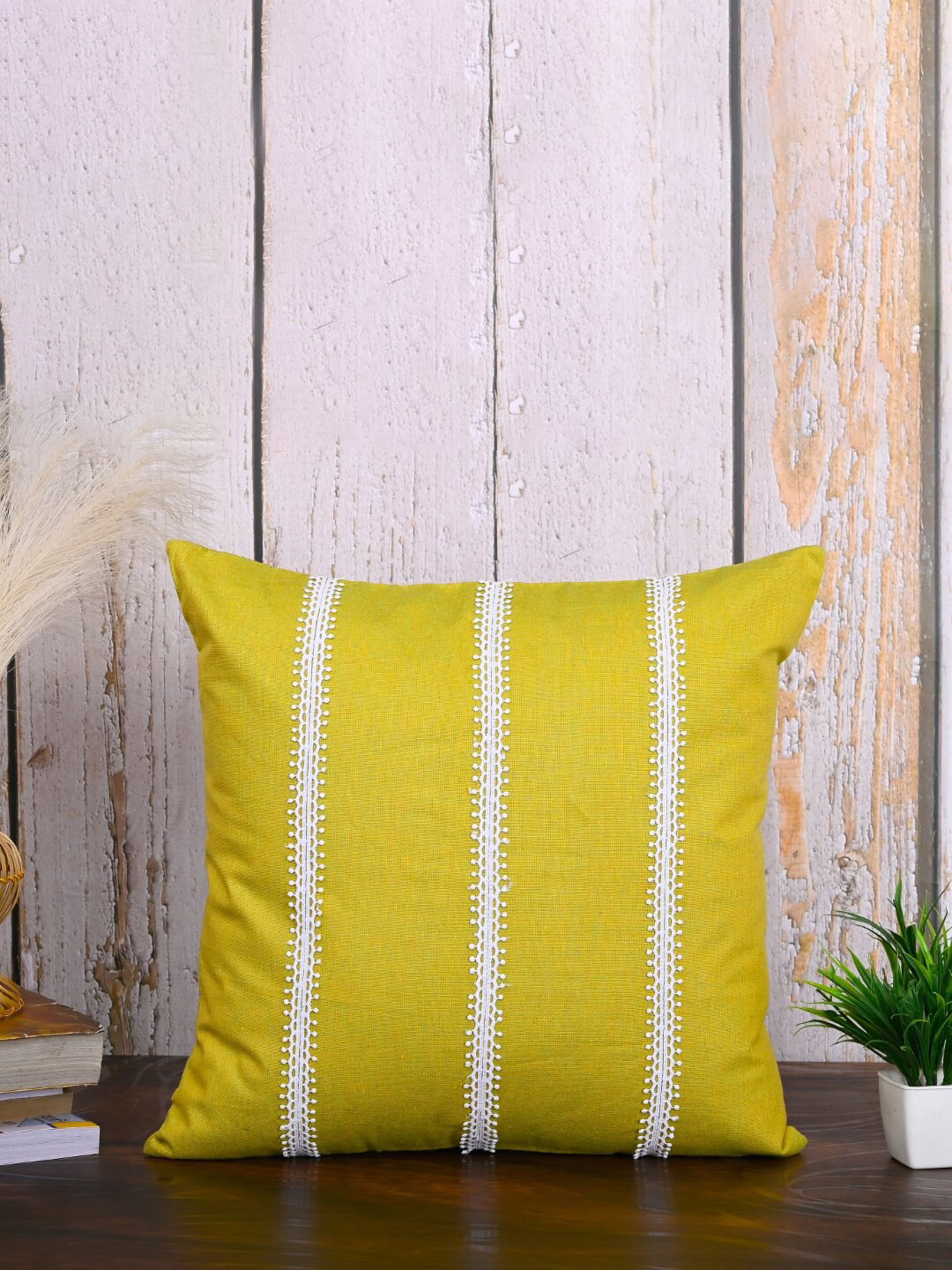 

OUSSUM 2 Pieces Yellow & White Striped Cotton Square Cushion Covers