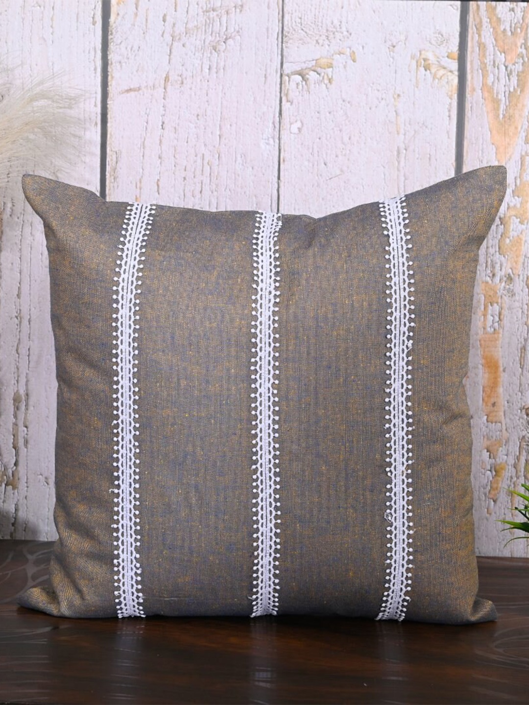 

OUSSUM Brown & White 2 Pieces Striped Cotton Square Cushion Covers