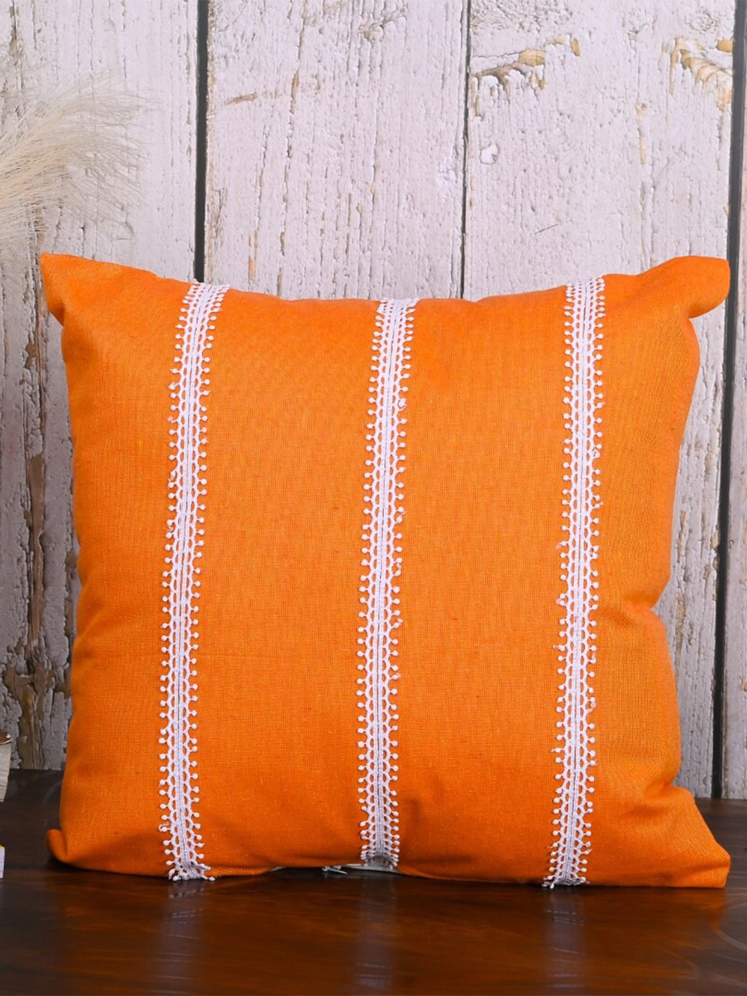 

OUSSUM Orange & White 2 Pieces Striped Cotton Square Cushion Covers
