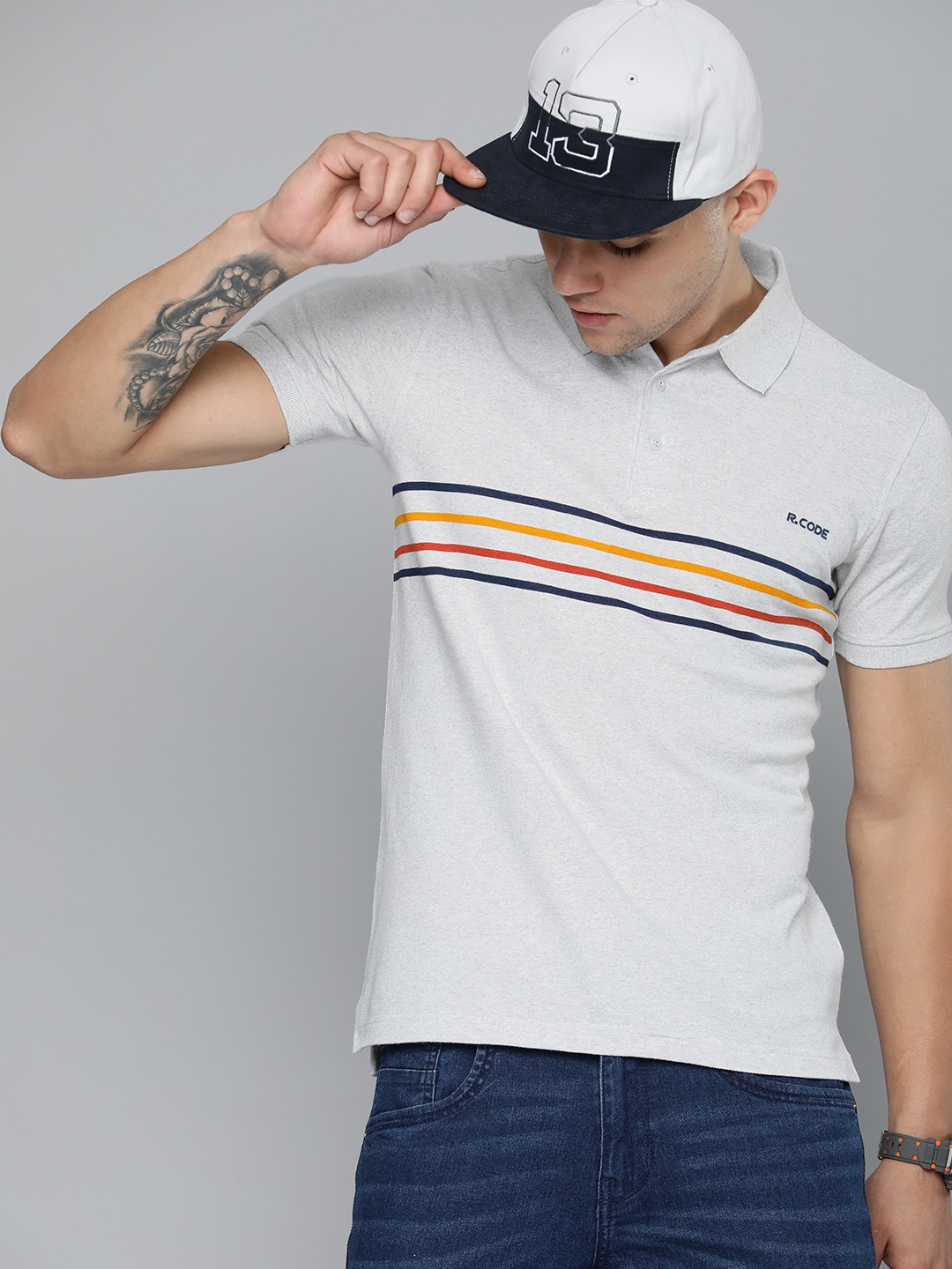 

R Code by The Roadster Life Co Men Striped Polo Collar Pure Cotton T-shirt, Grey melange