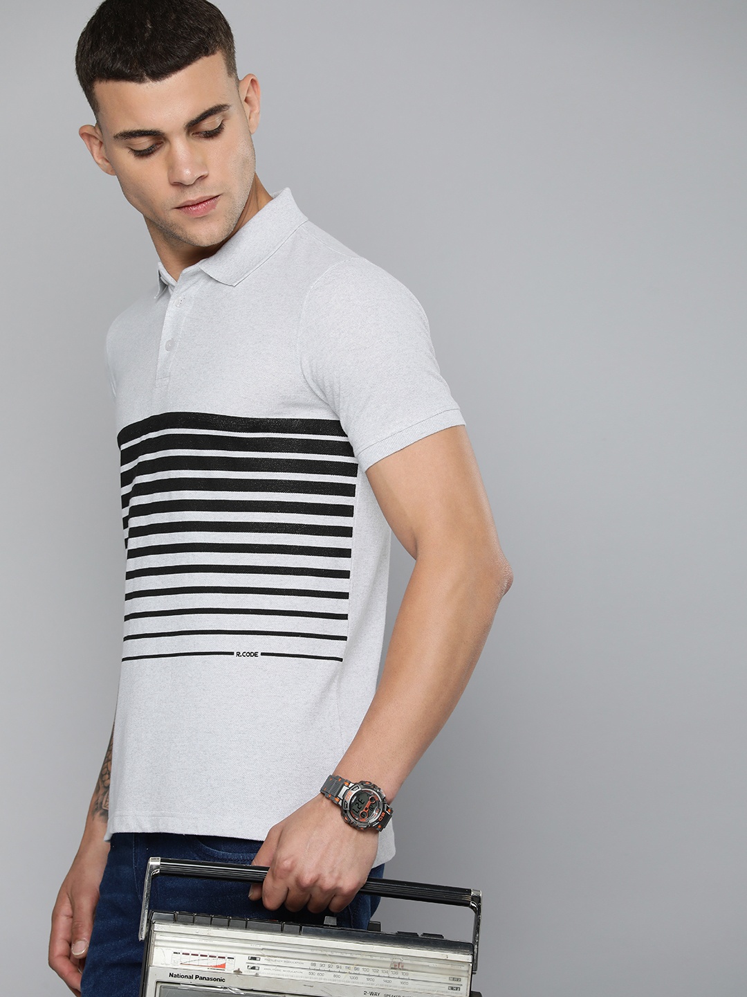 

R Code by The Roadster Life Co Men Striped Polo Collar Pure Cotton T-shirt, Grey melange