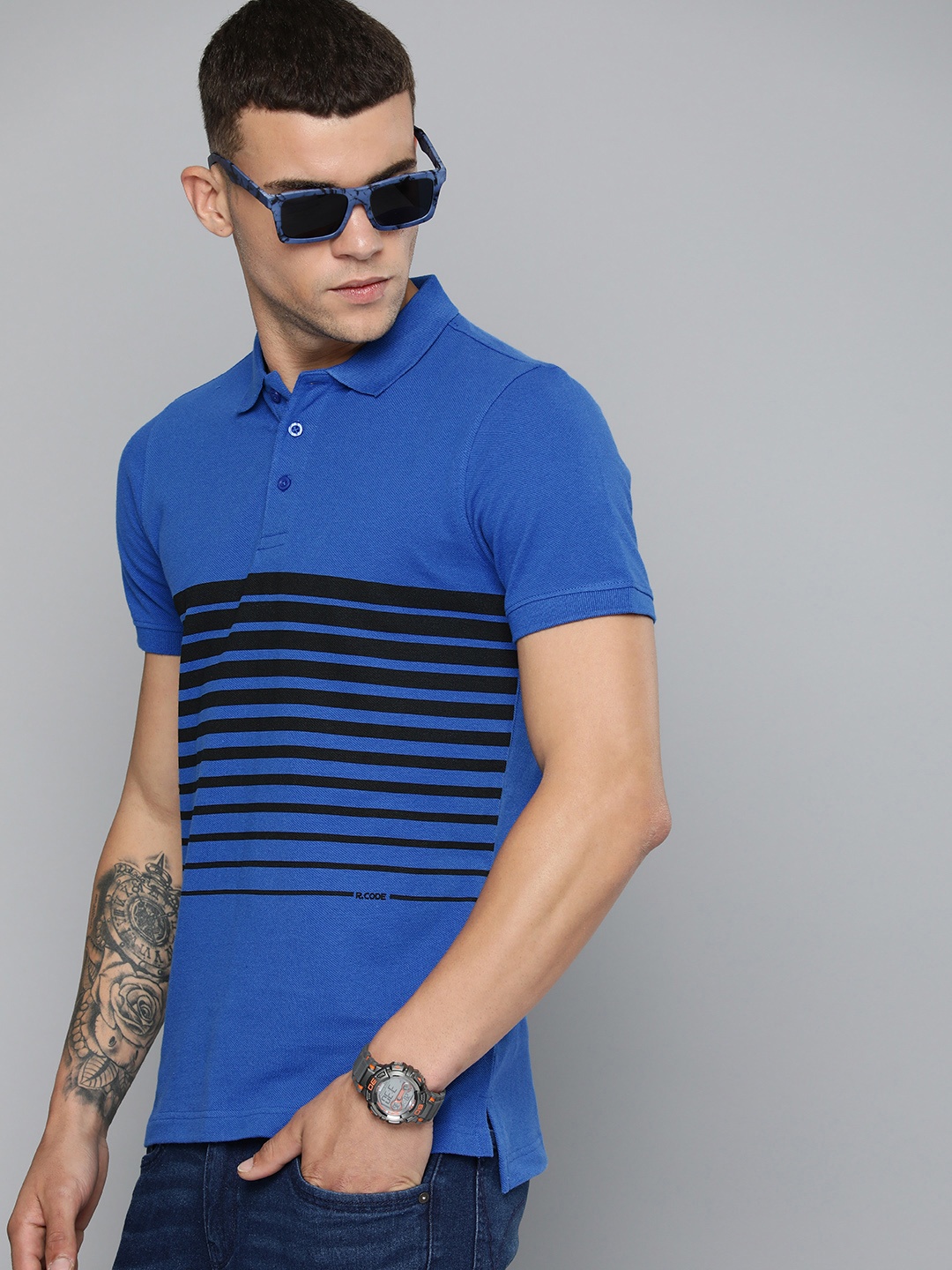 

R Code by The Roadster Life Co Men Striped Polo Collar Pure Cotton T-shirt, Blue