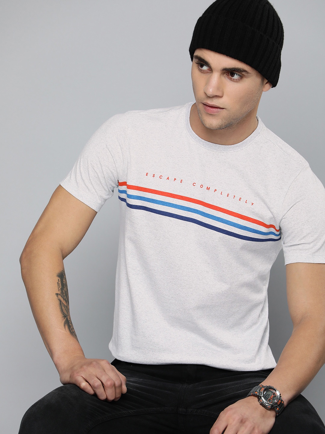 

R Code by The Roadster Life Co Men Striped Pure Cotton T-shirt, Grey melange