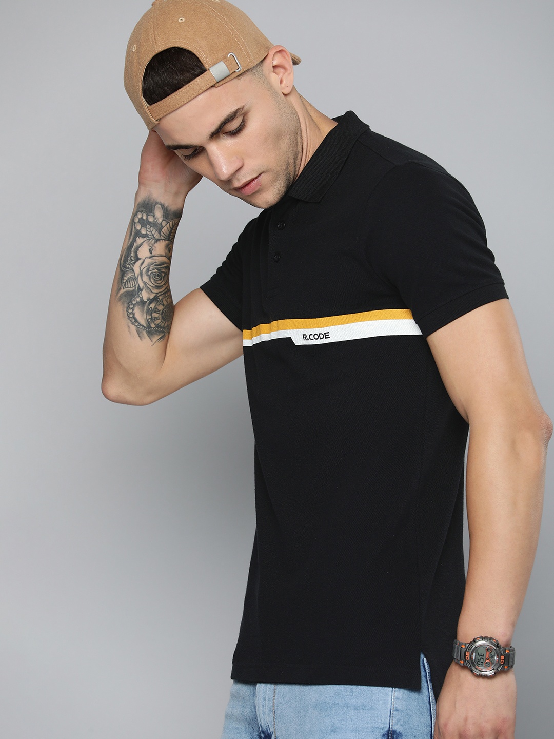 

R Code by The Roadster Life Co Men Striped Polo Collar Pure Cotton T-shirt, Black