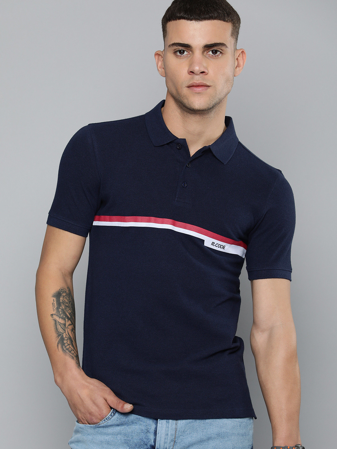 

R Code by The Roadster Life Co Men Striped Polo Collar Indigo Pure Cotton T-shirt, Navy blue