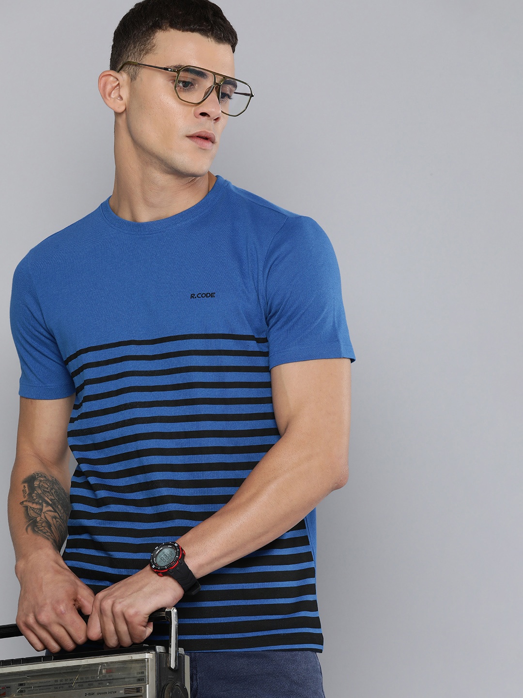 

R.Code by The Roadster Life Co. Men Striped T-shirt, Blue