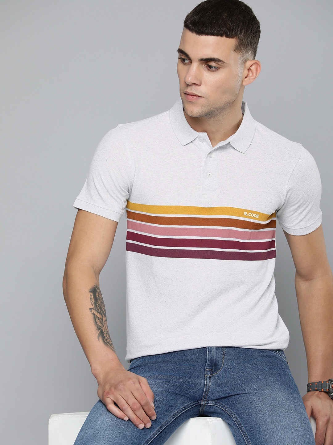

R Code by The Roadster Life Co Men Striped Polo Collar Pure Cotton T-shirt, Grey melange