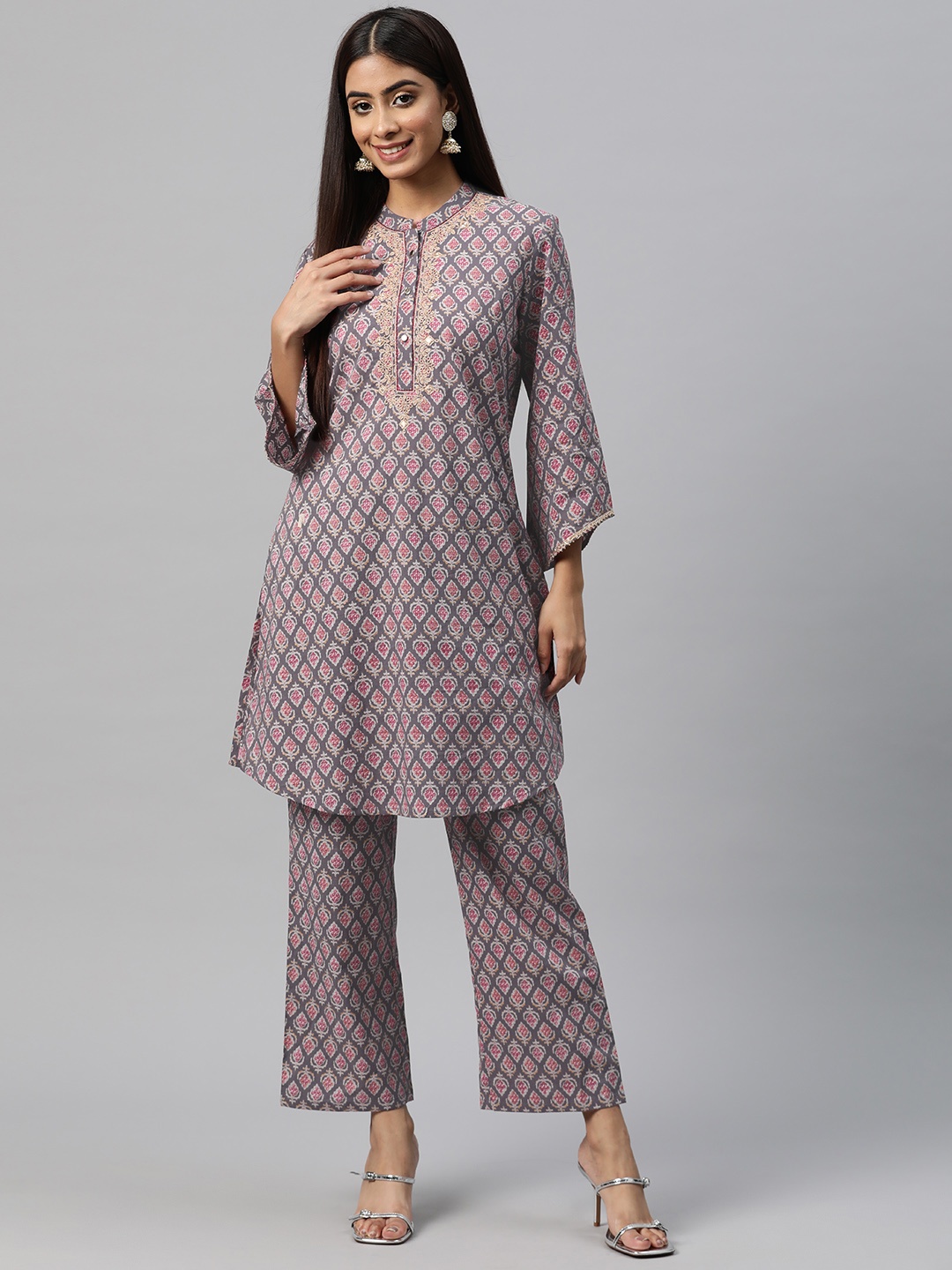 

Nayam By Lakshita Women Ethnic Motifs Printed Thread Work Pure Cotton Kurta with Trousers, Grey