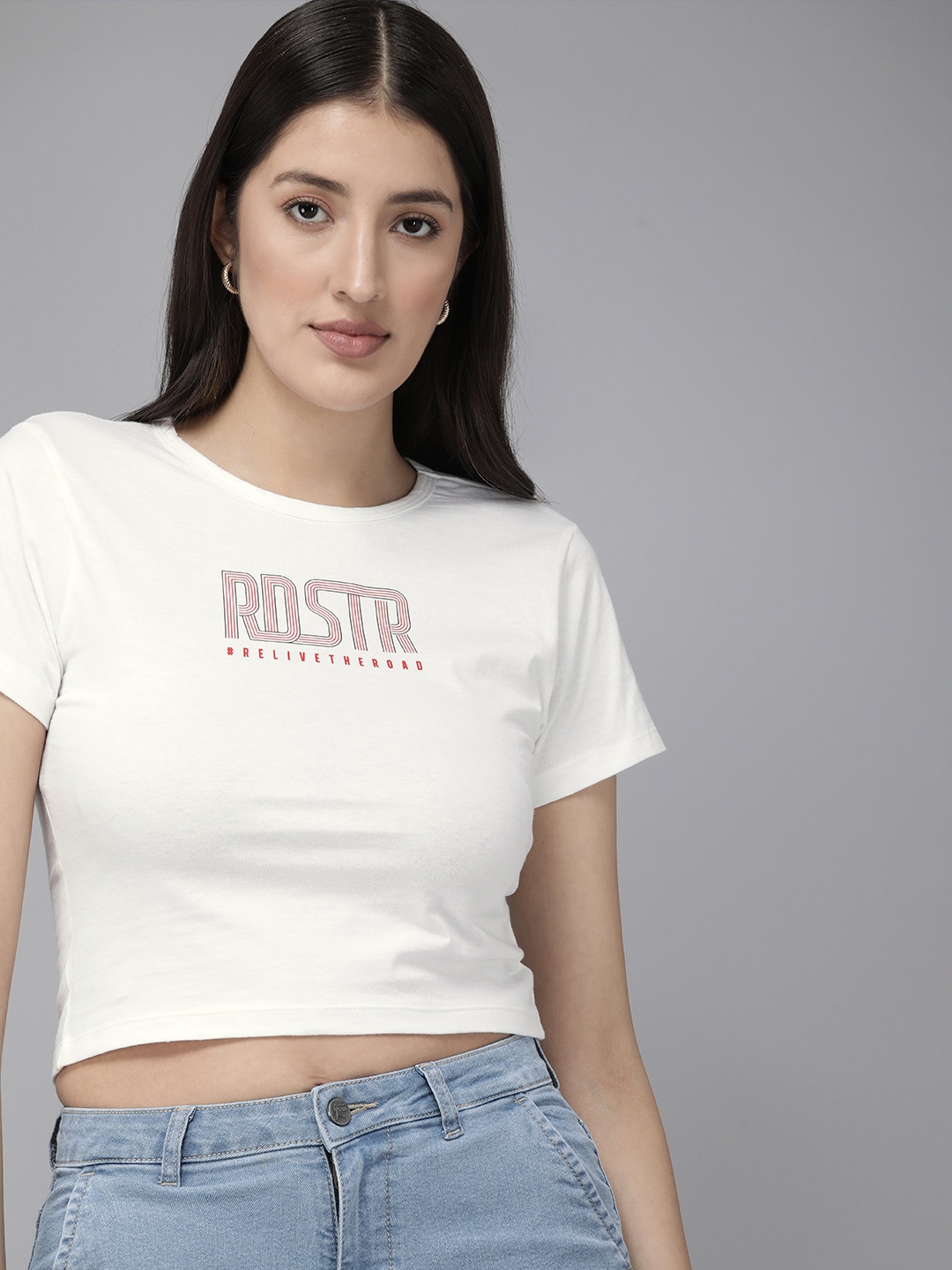 

Roadster Women Typography Printed Bio Finish Crop Slim Fit T-shirt, White