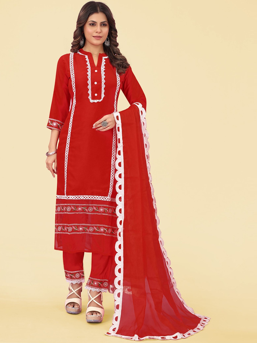 

KALINI Ethnic Motifs Embroidered Lace-Up Detailed Kurta with Trousers & Dupatta, Red