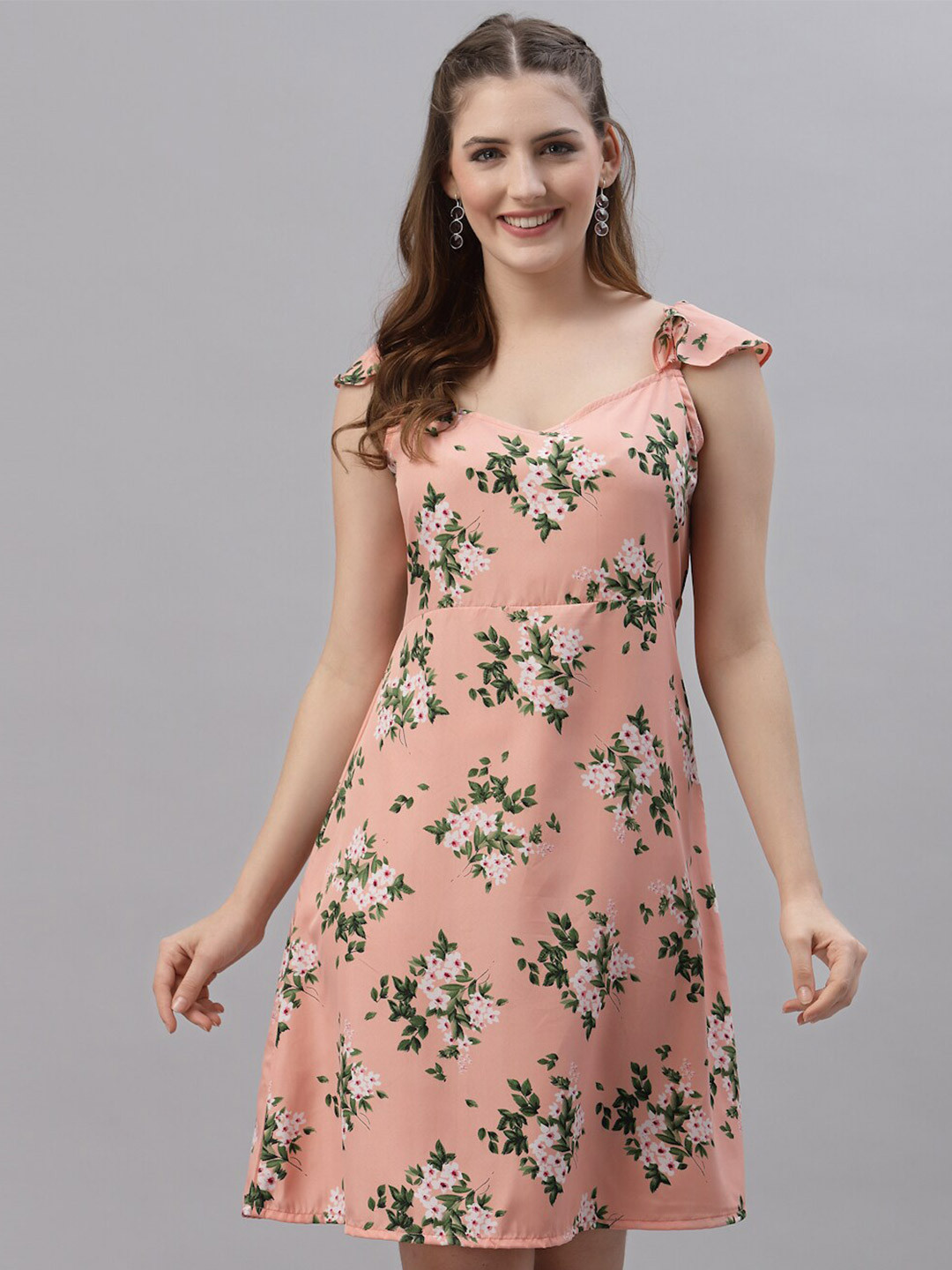 

BAESD Floral Printed Shoulder Straps A-Line Dress, Peach