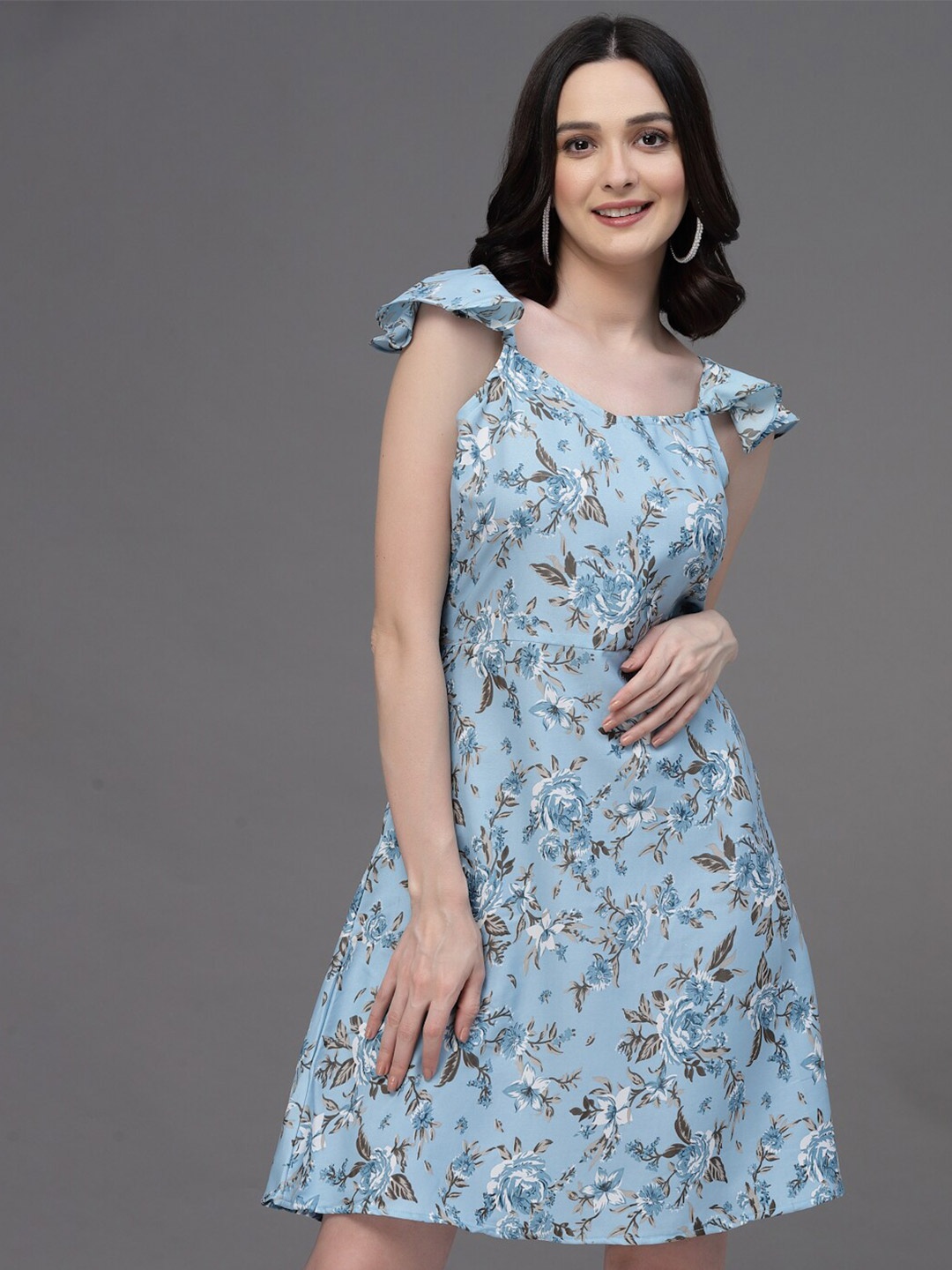 

BAESD Floral Printed Shoulder Straps Ruffles Detail A-Line Dress, Blue