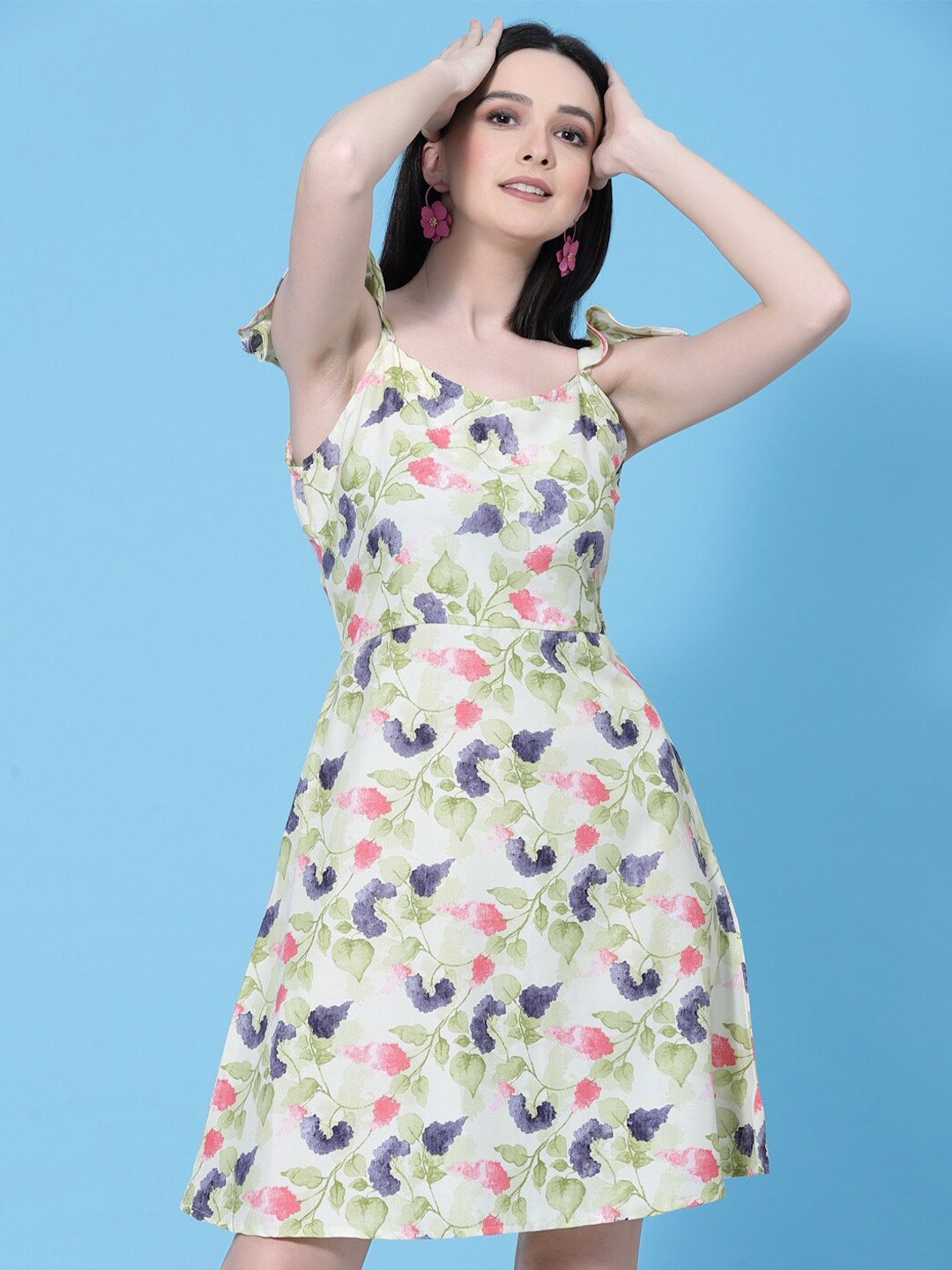 

BAESD Floral Printed Shoulder Straps Ruffled A-Line Dress, Green