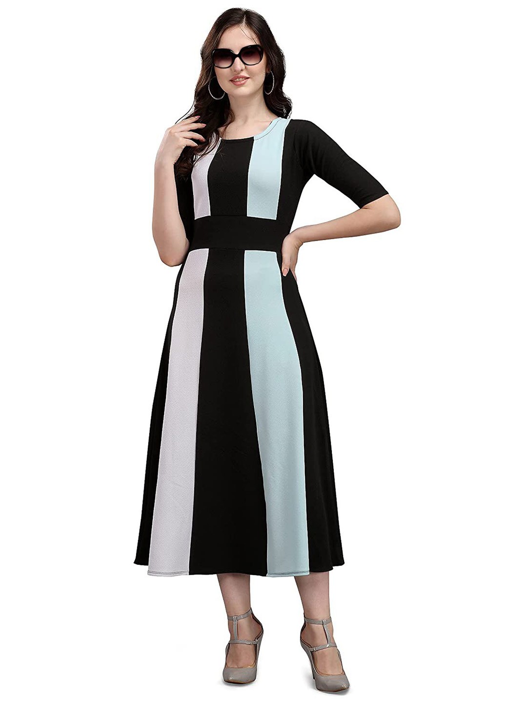 

N N ENTERPRISE Colourblocked A-Line Lycra Midi Dress, Sea green