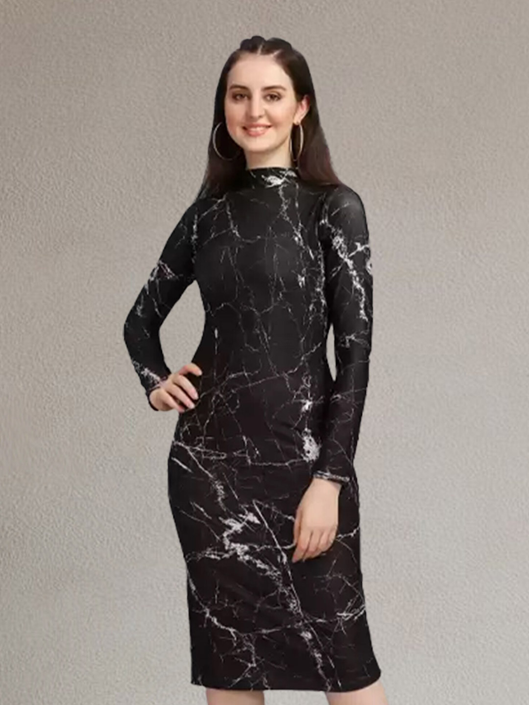 

N N ENTERPRISE Self Design High Neck Lycra Sheath Dress, Black