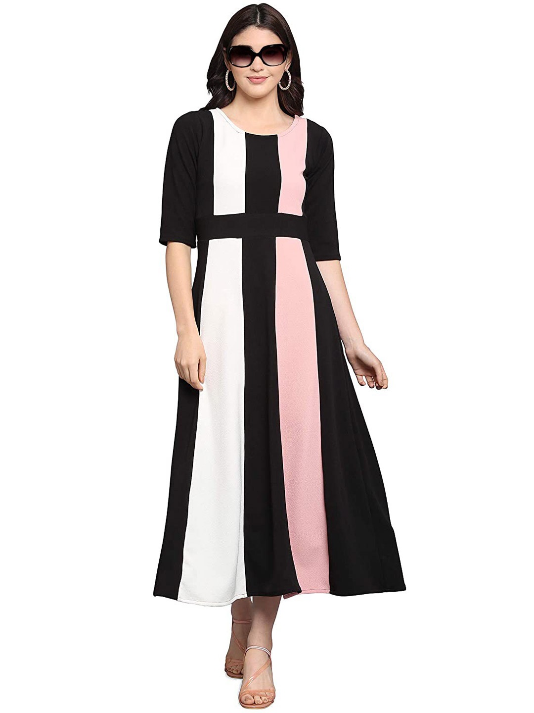 

N N ENTERPRISE Colourblocked A-Line Midi Dress, Pink