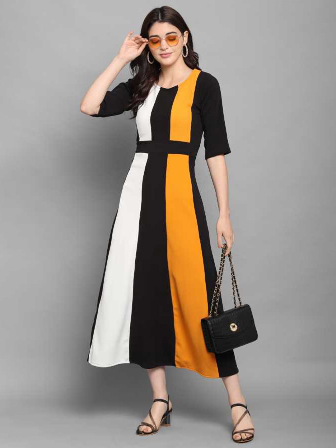 

N N ENTERPRISE Colourblocked A-Line Midi Dress, Yellow