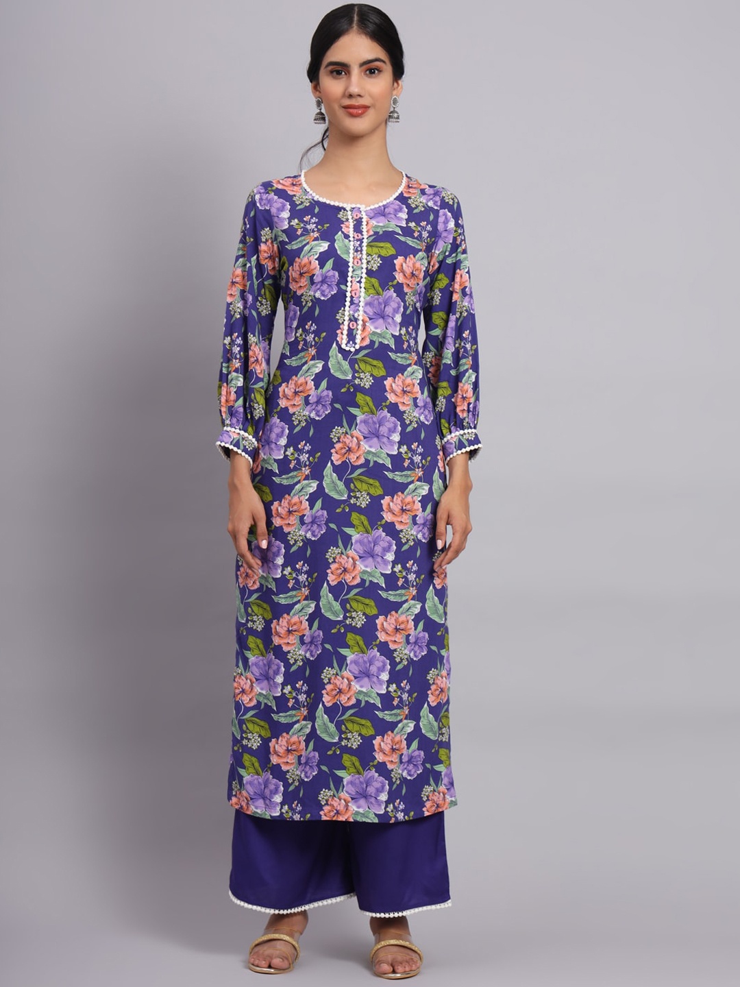 

Tissu Floral Printed Straight Kurta With Palazzos, Purple