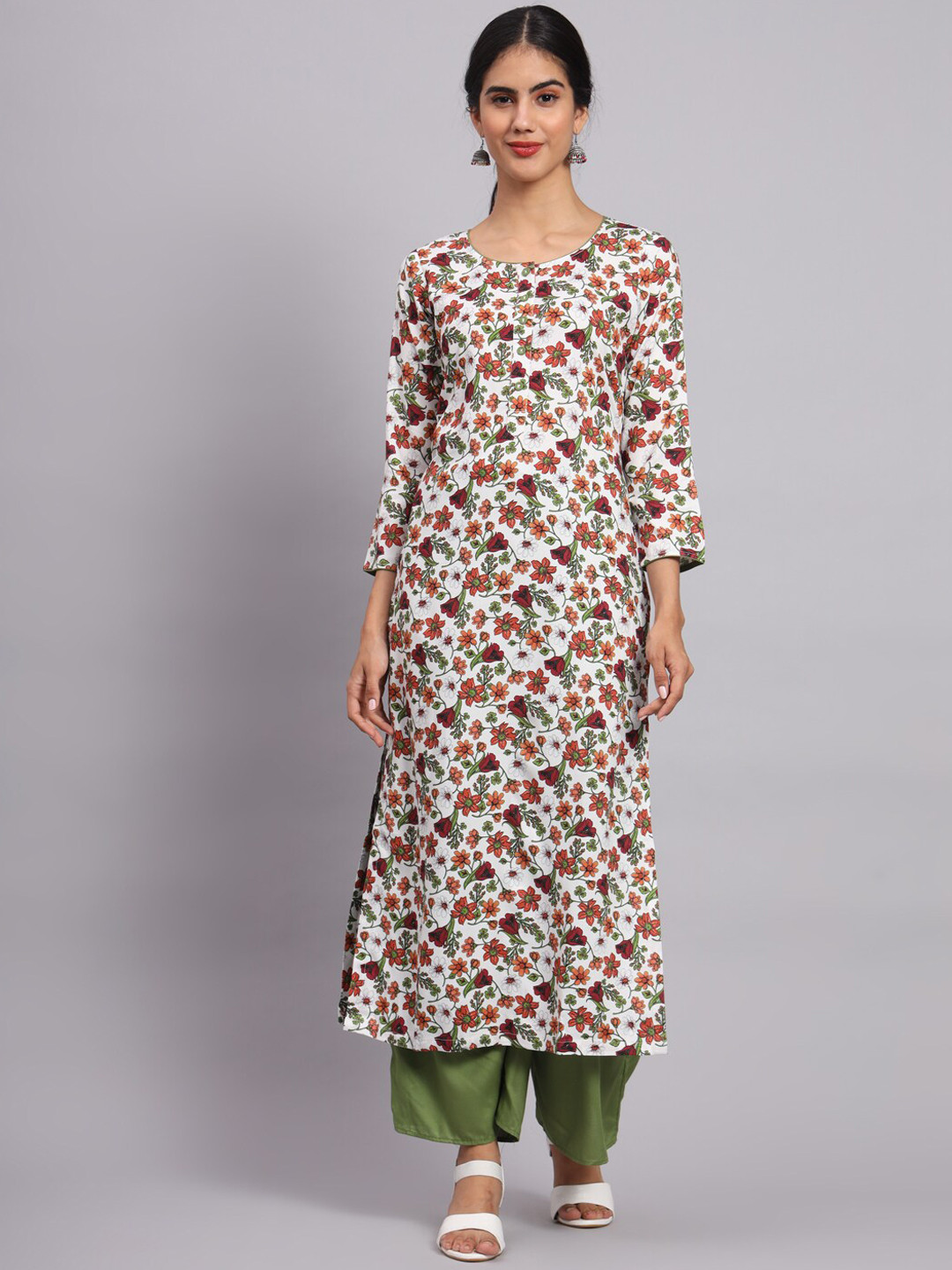 

Tissu Floral Printed Straight Kurta With Palazzos, White