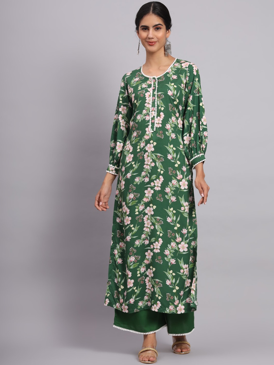 

Tissu Floral Printed Regular Straight Kurta With Palazzos, Green