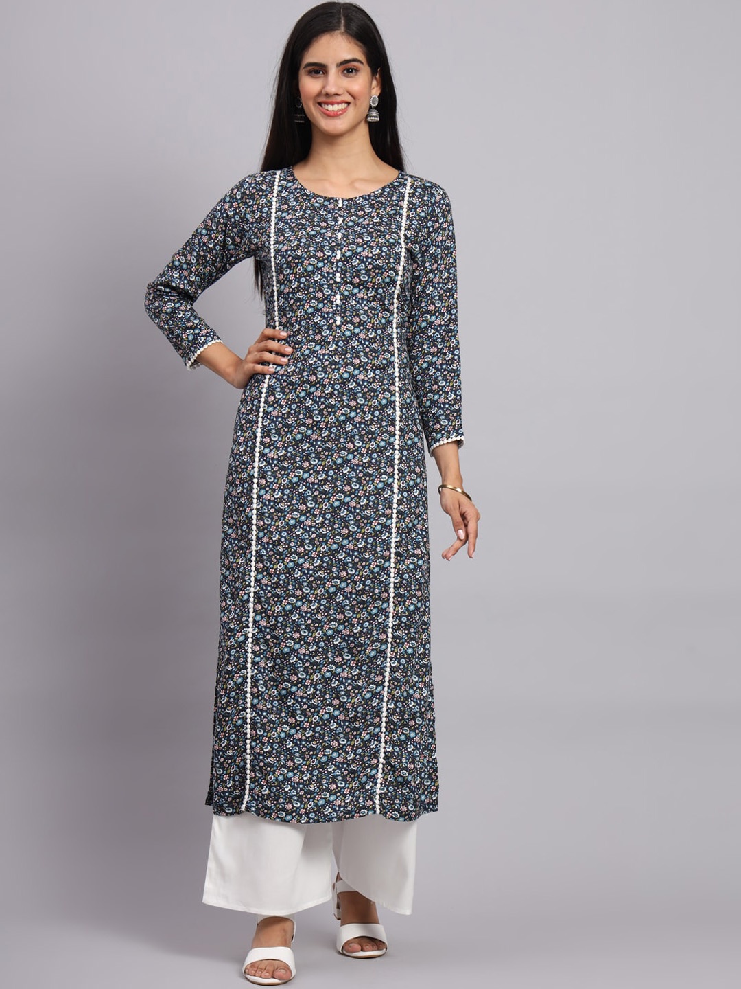 

Tissu Floral Printed Regular Straight Kurta With Palazzos, Black