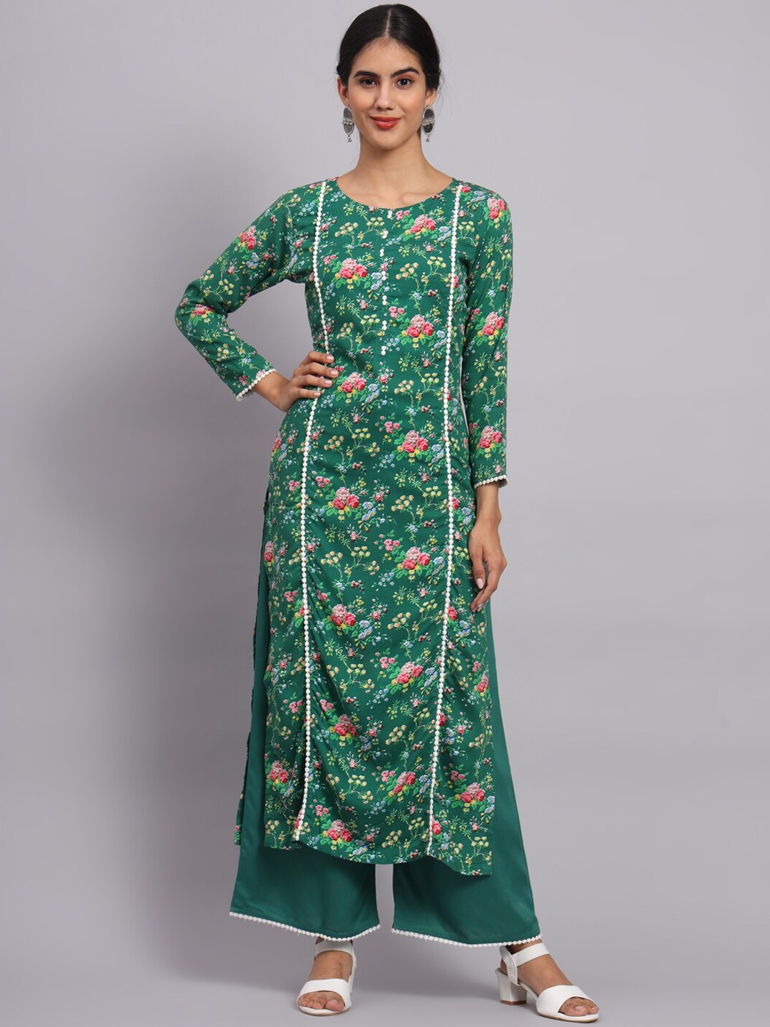 

Tissu Floral Printed Regular Straight Kurta With Palazzos, Green