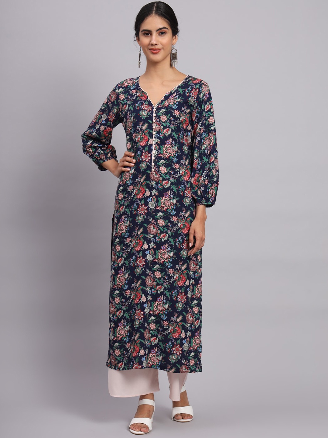 

Tissu Floral Printed Regular Straight Kurta With Palazzos, Navy blue