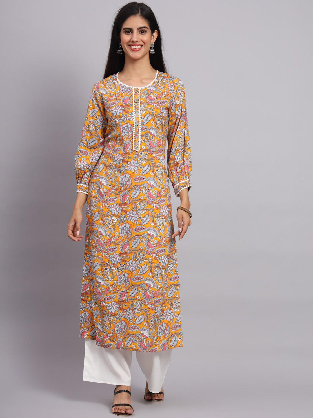 

Tissu Floral Printed Regular Straight Kurta With Palazzos, Yellow