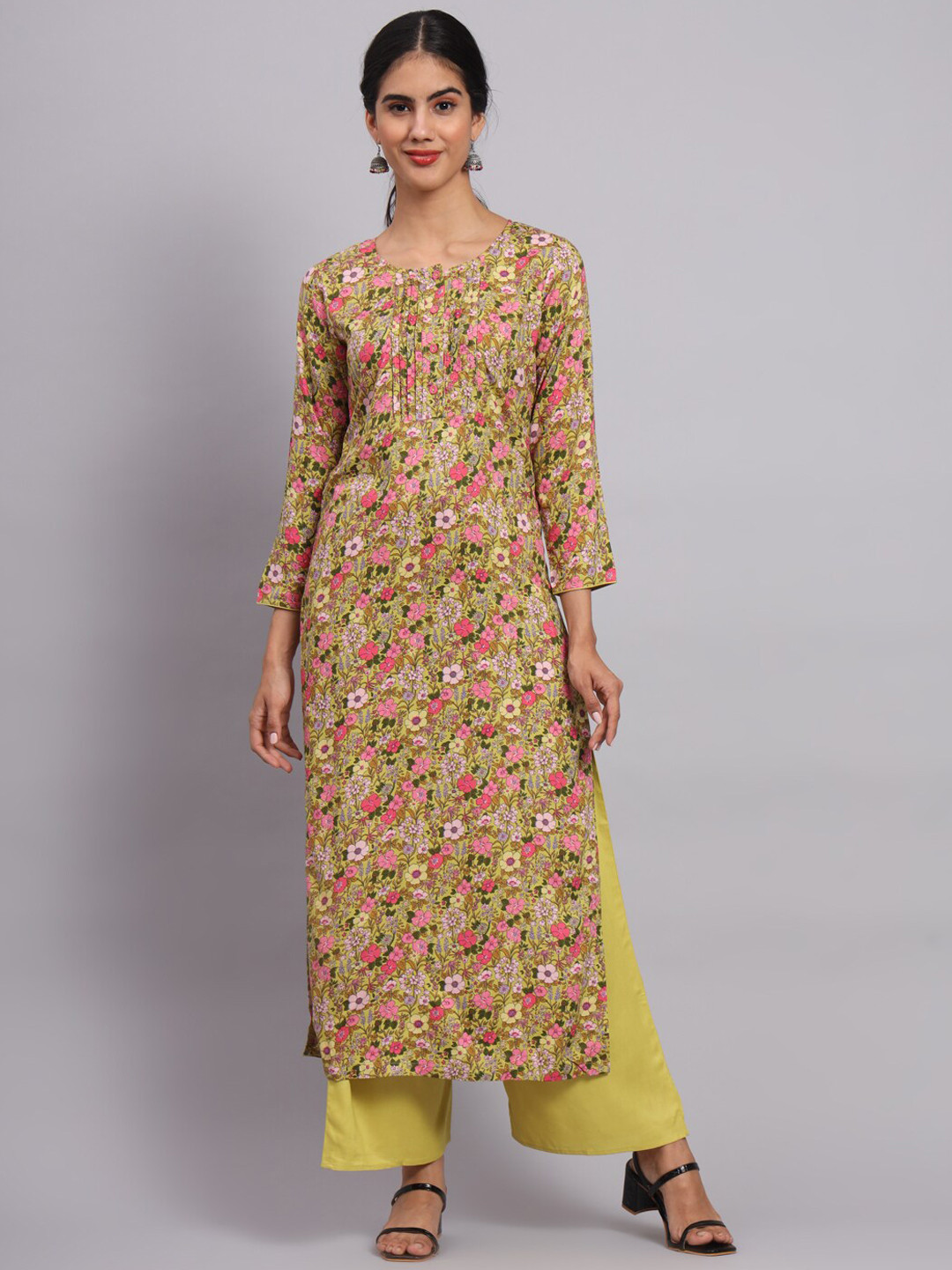 

Tissu Floral Printed Regular Straight Kurta With Palazzos, Yellow