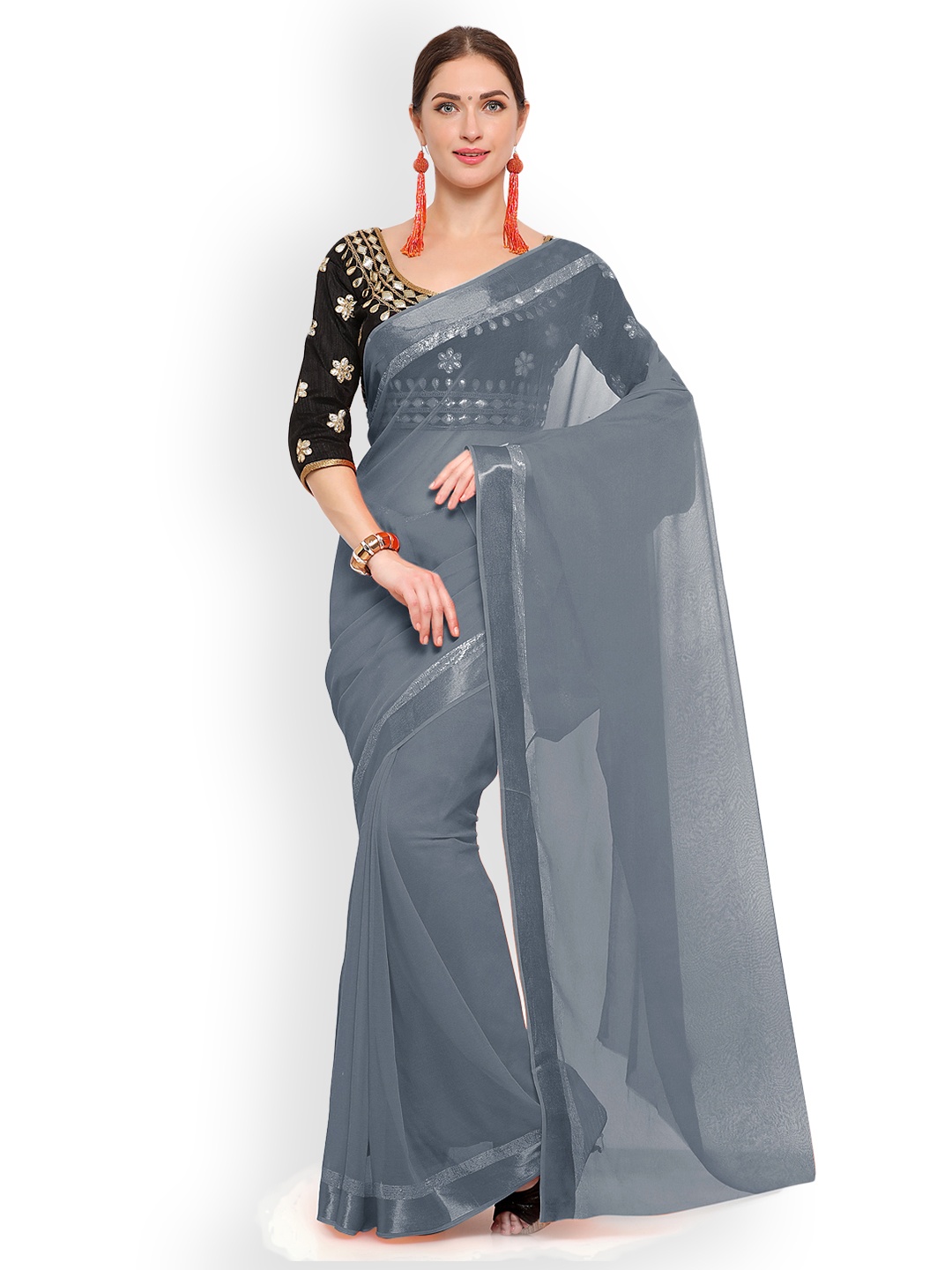

Saree mall Grey Solid Poly Georgette Saree