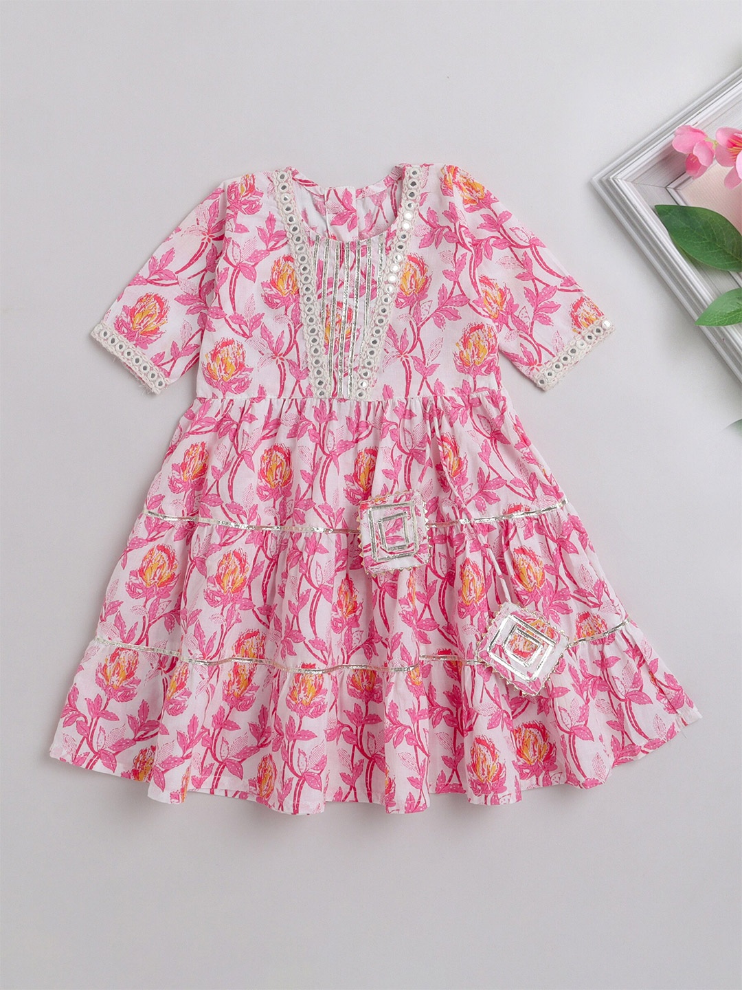 

The Magic Wand Girls Floral Printed Lace Inserts Pure Cotton A-Line Ethnic Dress, Pink