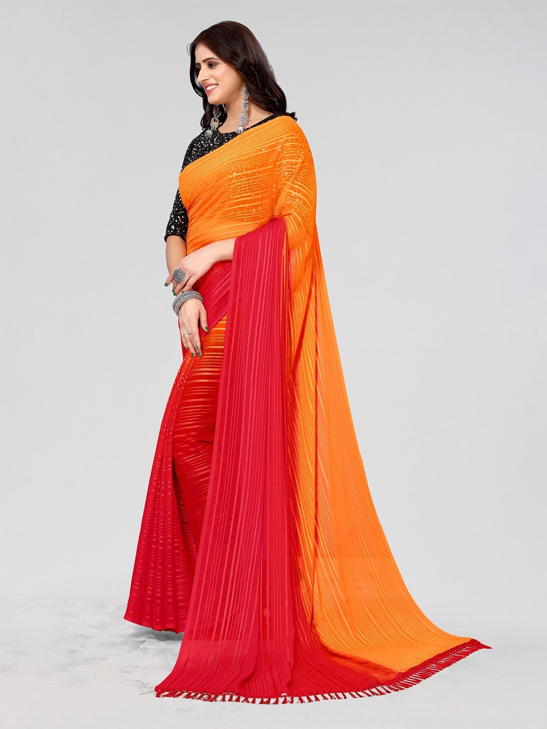 

KALINI Striped Poly Georgette Saree, Red
