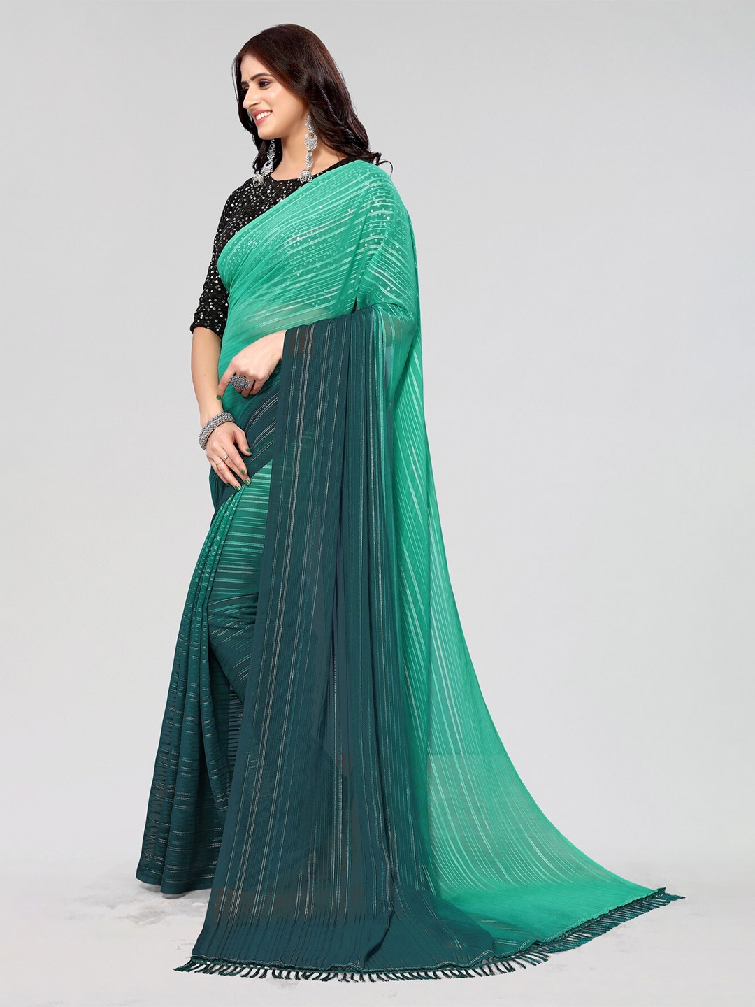

KALINI Striped Poly Georgette Saree, Green