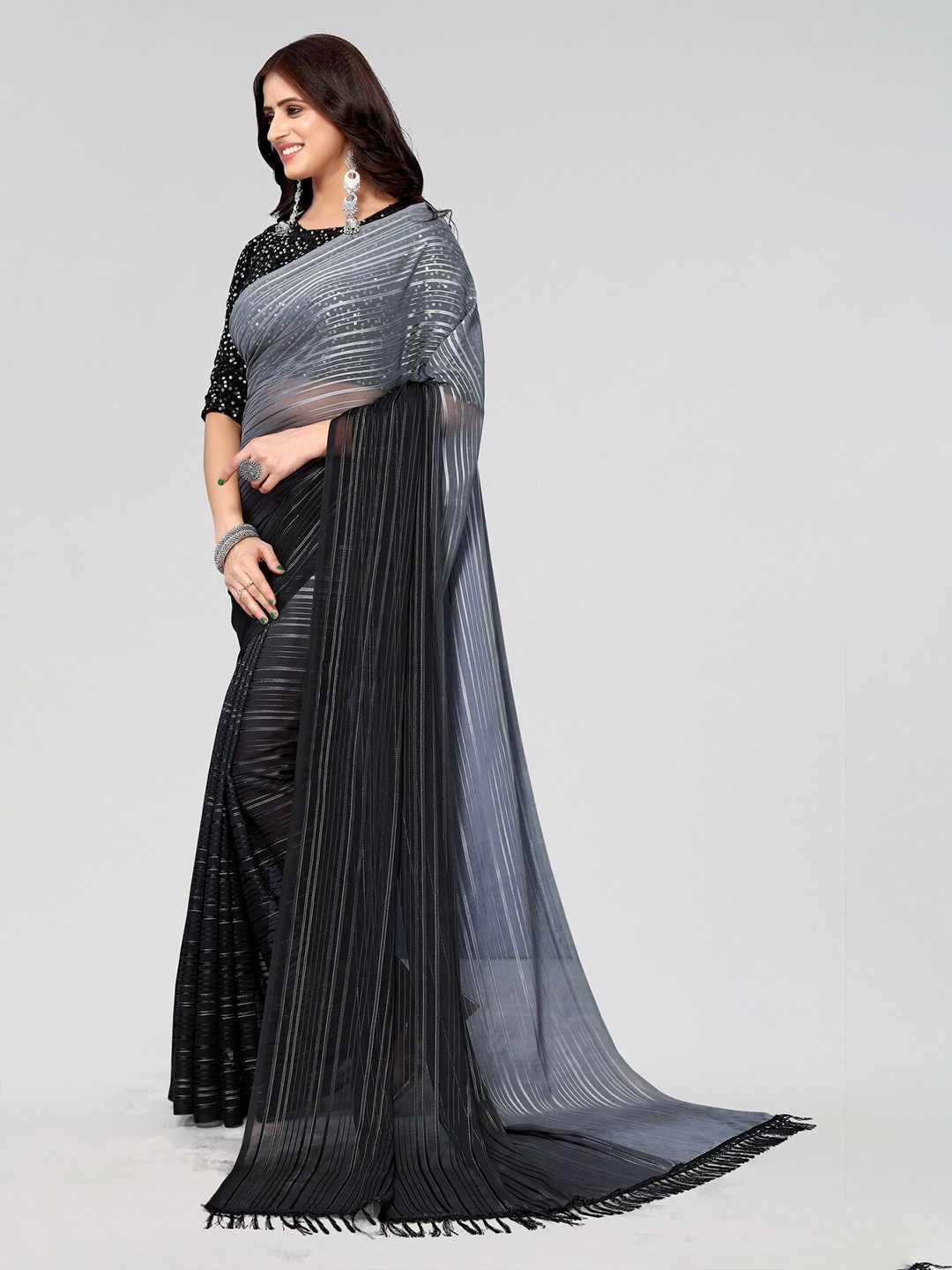 

KALINI Striped Poly Georgette Saree, Black