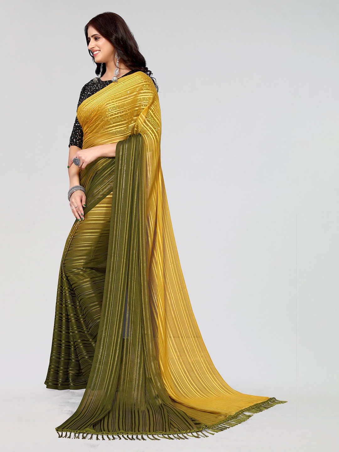 

KALINI Striped Sequinned Saree, Green