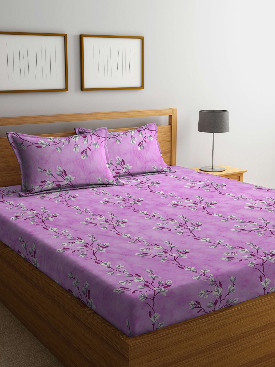 

KLOTTHE Purple & White Floral-Printed 130GSM Pure-Cotton Fitted Double King Bedsheet Set