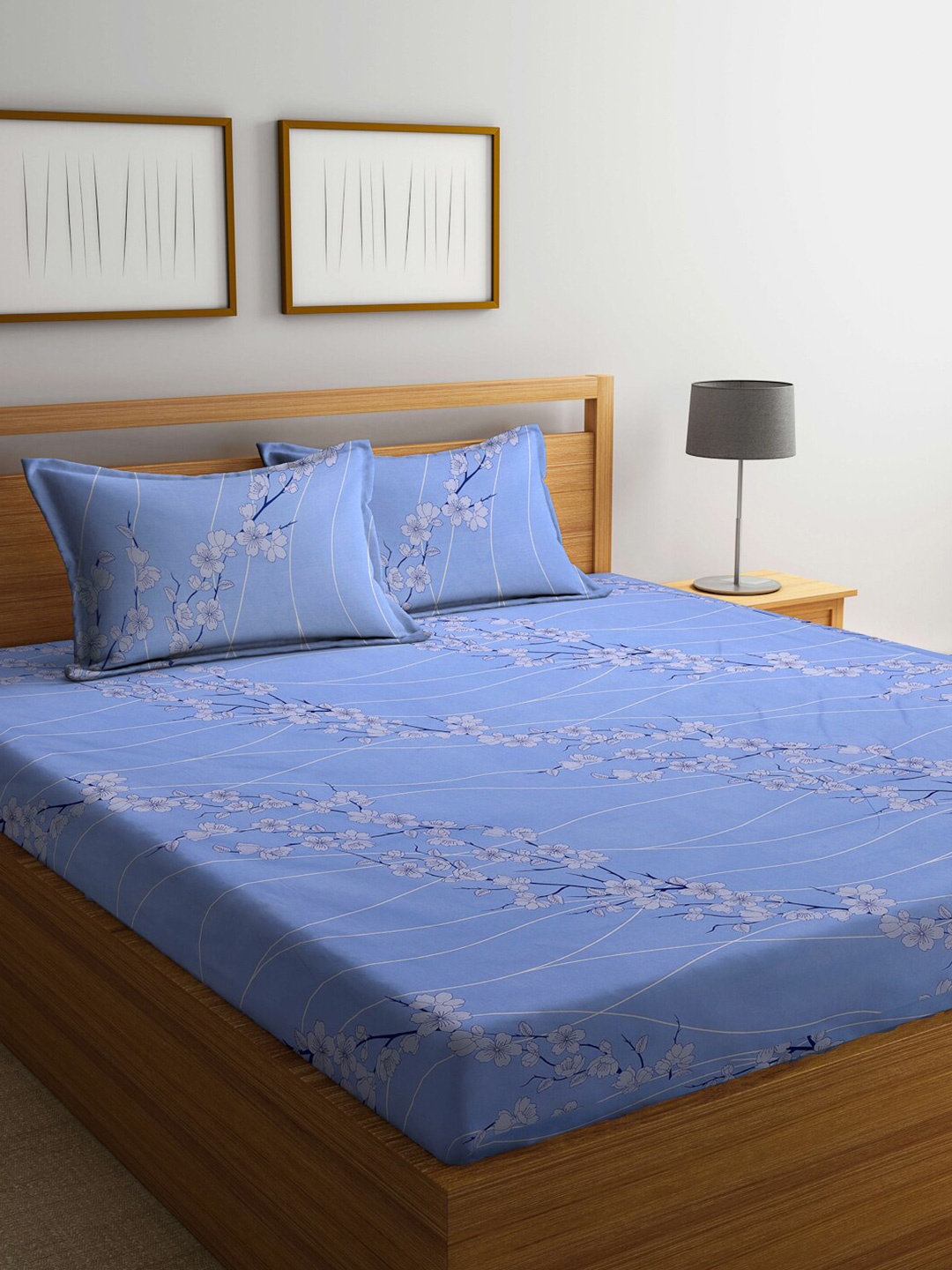 

KLOTTHE Blue & White Floral-Printed 130GSM Pure-Cotton Fitted Double King Bedsheet Set