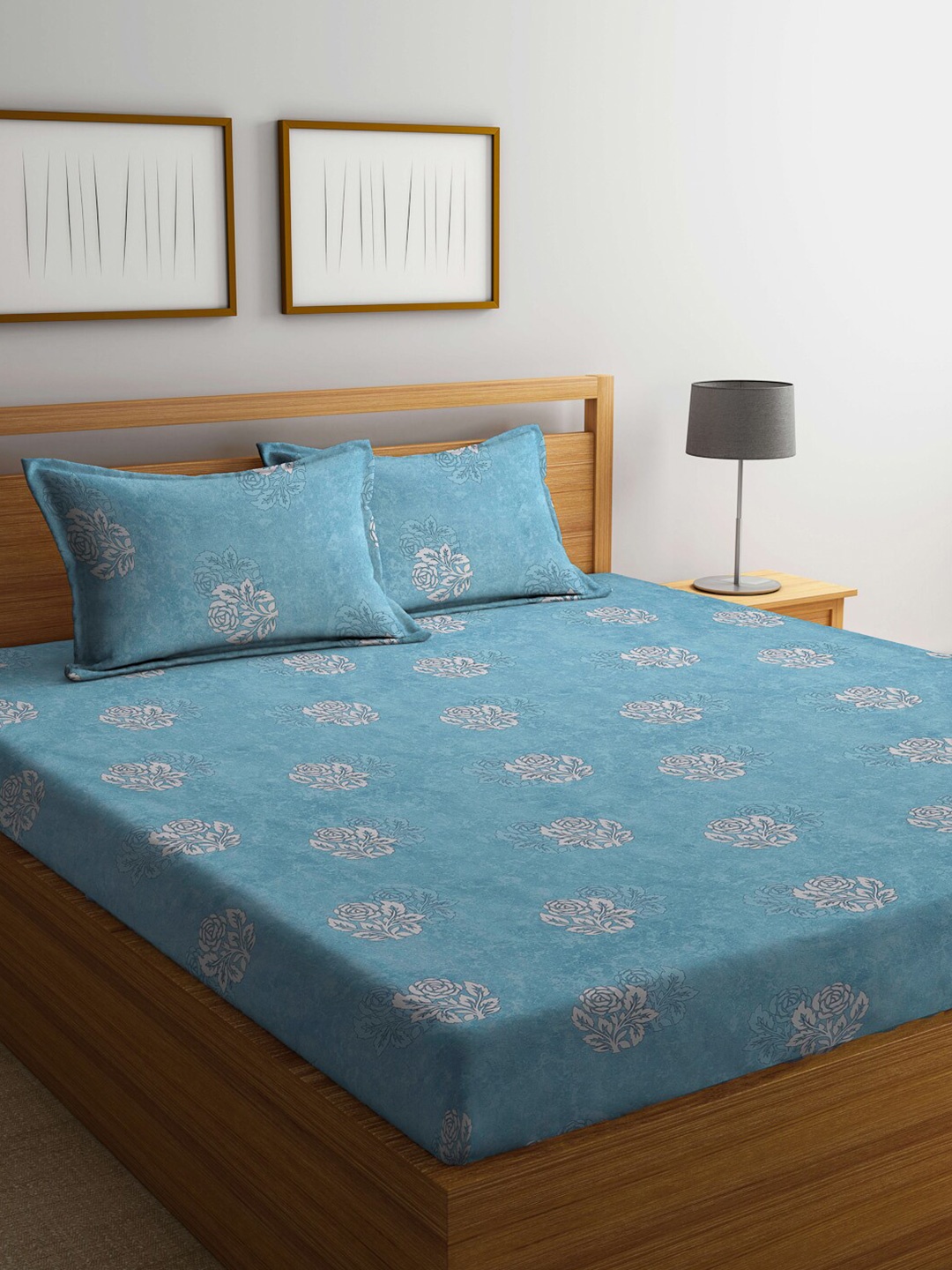 

KLOTTHE Turquoise Blue & White Printed 400 TC Pure Cotton Fitted Double King Bedsheet Set