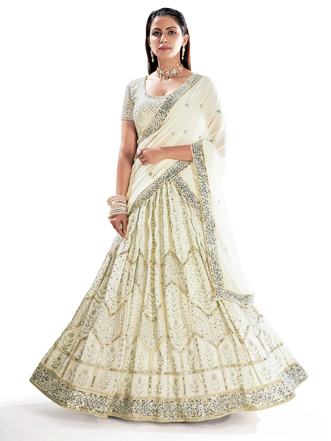 

SHOPGARB Embroidered Sequinned Semi-Stitched Lehenga & Unstitched Blouse With Dupatta, White