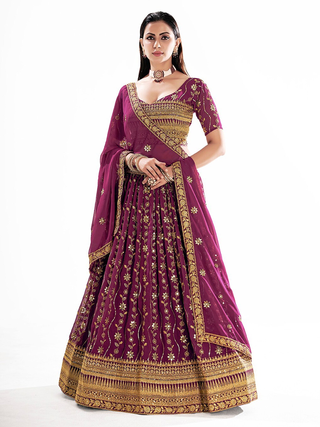 SHOPGARB Embroidered Sequinned Semi-Stitched Lehenga & Unstitched Blouse With Dupatta, Burgundy
