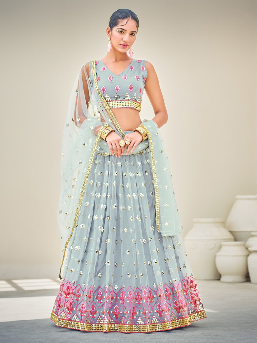 

SHOPGARB Sequinned Embroidered Semi-Stitched Lehenga & Unstitched Blouse With Dupatta, Grey