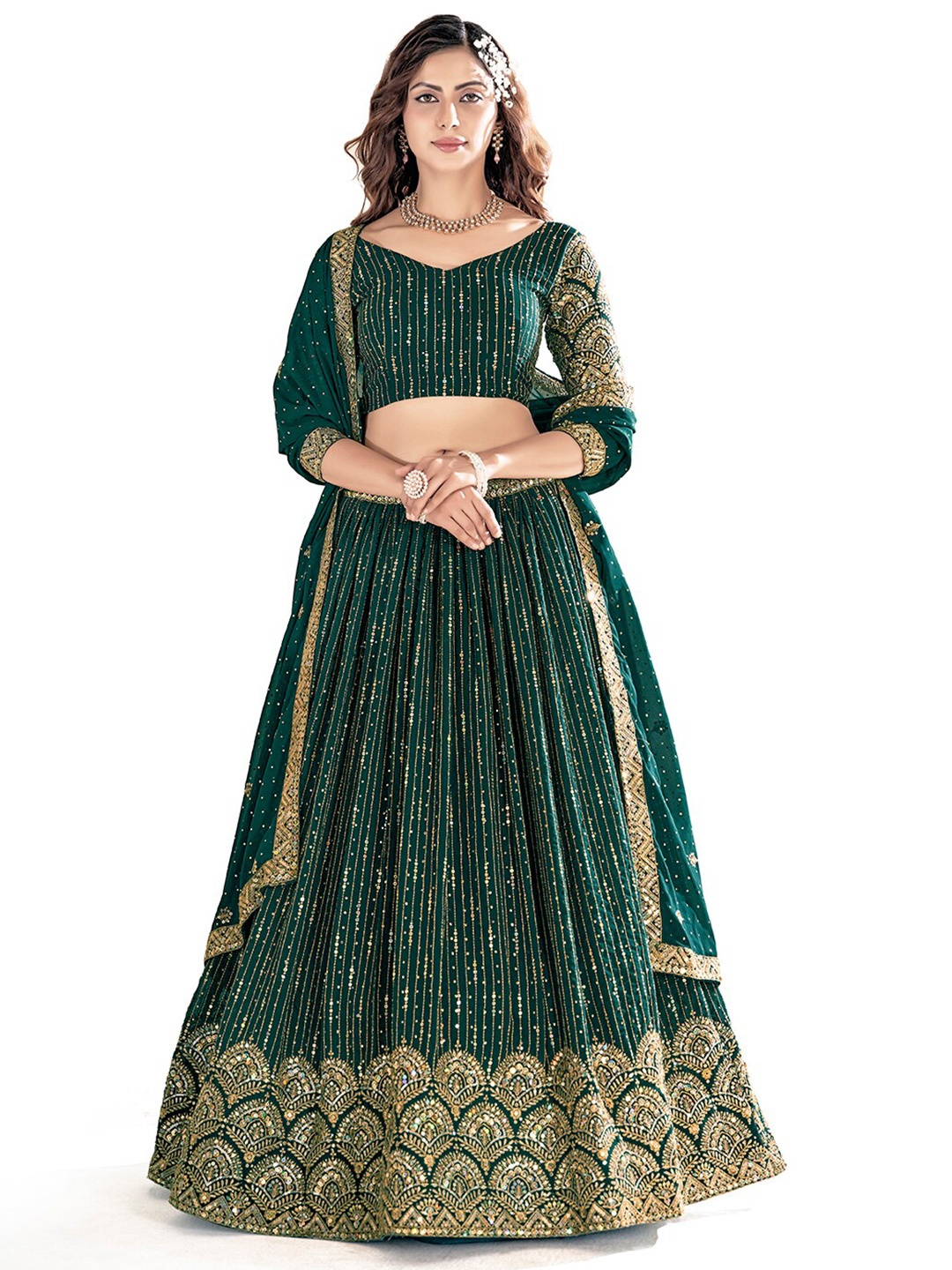 

SHOPGARB Embroidered Sequinned Semi-Stitched Lehenga & Unstitched Blouse With Dupatta, Green
