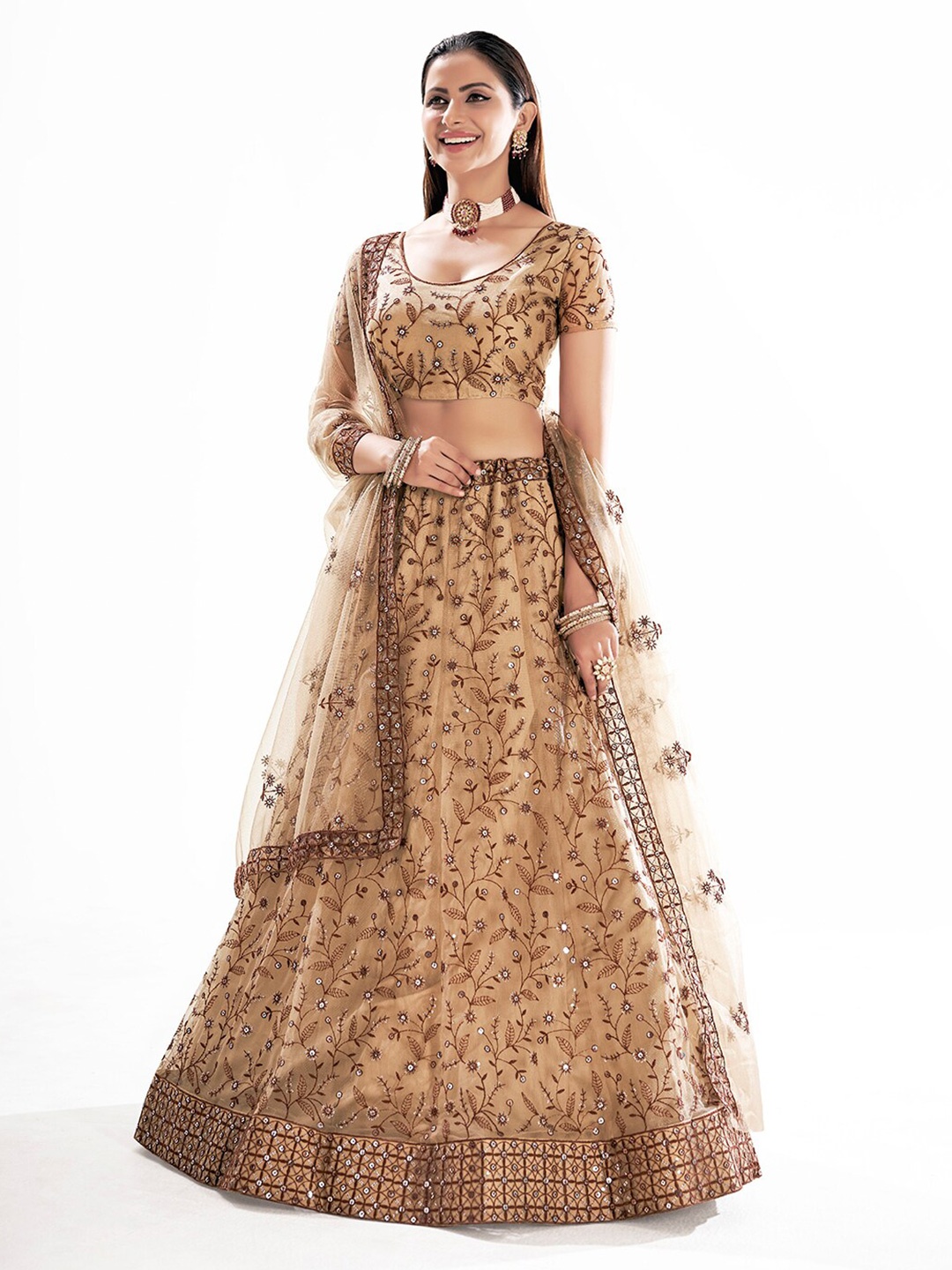 

SHOPGARB Embroidered Sequinned Net Semi-Stitched Lehenga & Unstitched Blouse With Dupatta, Beige