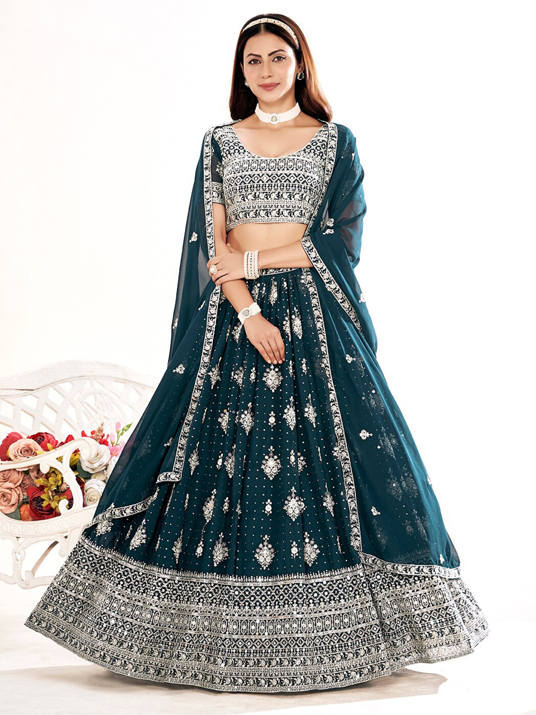 

SHOPGARB Embroidered Sequinned Semi-Stitched Lehenga & Unstitched Blouse With, Navy blue