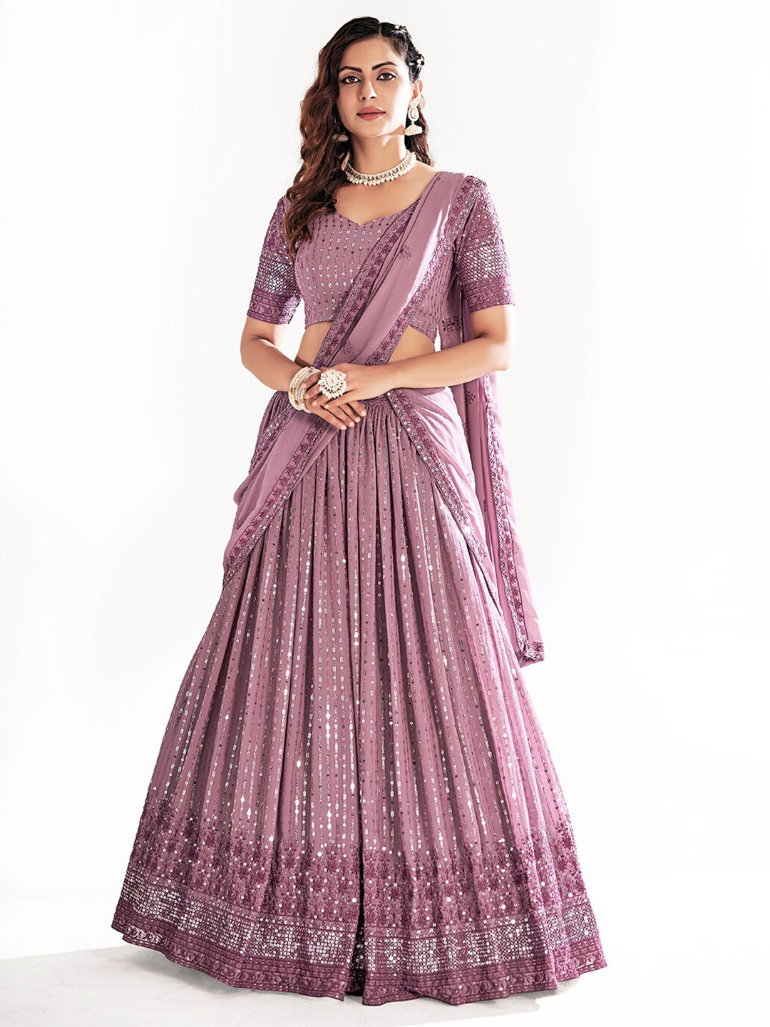 

SHOPGARB Embroidered Sequinned Semi-Stitched Lehenga & Unstitched Blouse With Dupatta, Lavender